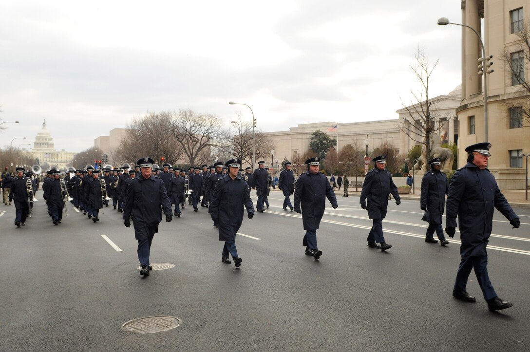 Members of the Air Force Band march down Constitution Avenue during a practice run of the inauguration parade for President-elect Barack Obama Jan. 11 in Washington, D.C. (U.S. Air Force photo/Senior Airman Tim Chacon) 