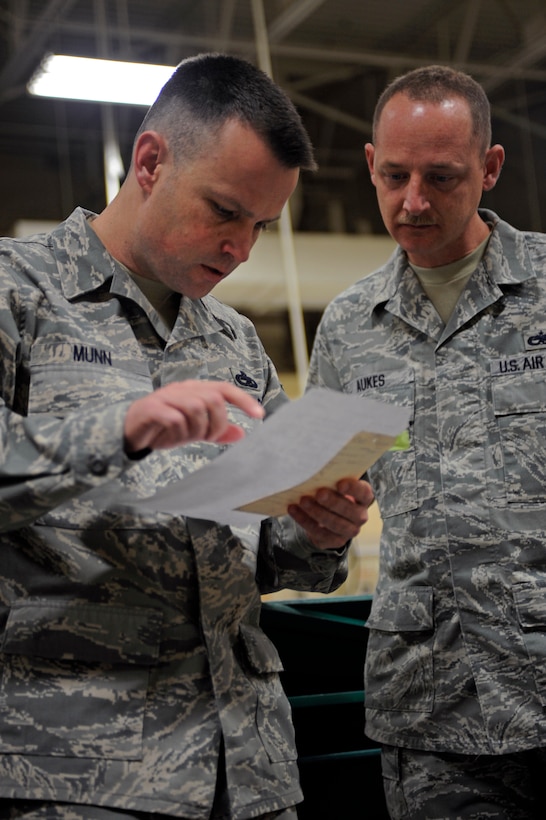 (Left) Master Sgt. Trey Munn, Air Combat Command fabrication evaluator, reviews an item list with Tech. Sgt. Steven Aukes, 28th Maintenance Squadron aircraft structure section chief, here Jan. 13.  Sergeant Munn is with the Logistics Standardization and Evaluation Team, inspecting all maintenance and logistics career fields at Ellsworth for one week.  (U.S. Air Force photo/Airman 1st Class Matthew Flynn)
