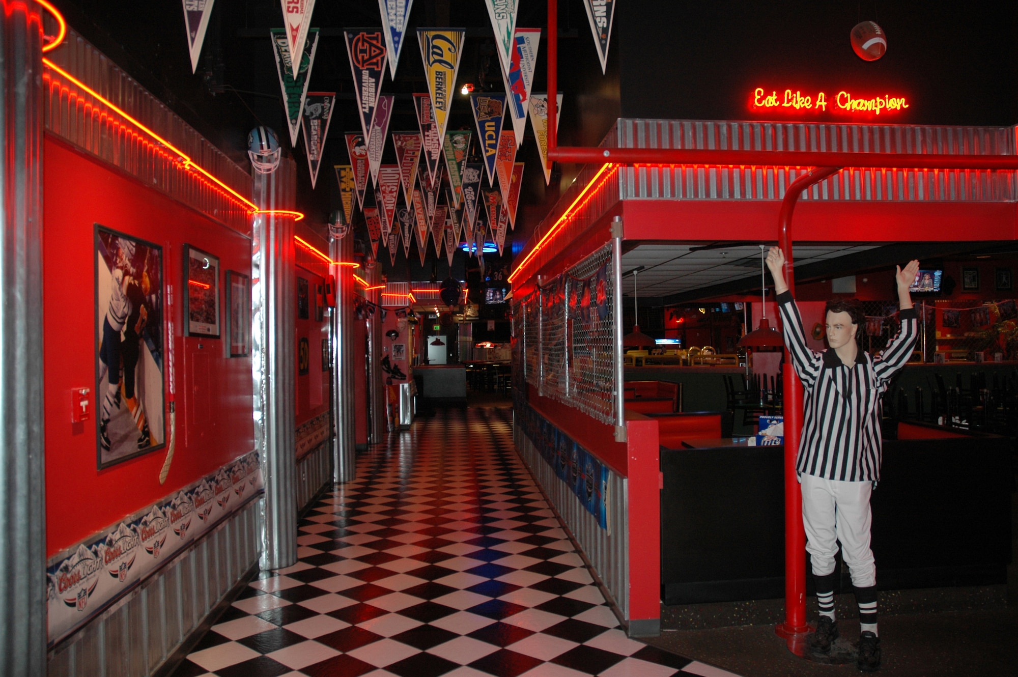 MINOT AIR FORCE BASE, N.D. -- A mannequin referee signals a touchdown to
patrons entering  Minot AFB's sports-themed restaurant J.R. Rockers here. Rockers boasts almost 30 high definition televisions and features a menu that rivals some of the top large-chain restaurants in the United States. (U.S. Air Force photo by Senior Airman Wesley Wright)
