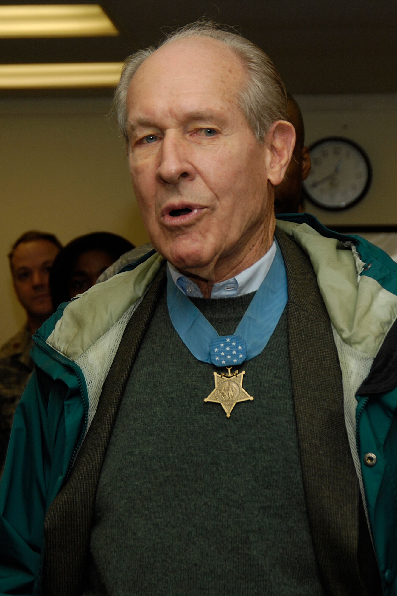 HANSCOM AIR FORCE BASE, Mass. - The second Heritage of Freedom speaker series will take place Jan. 23 at 4 p.m. in the Minuteman Club ballroom. Congressional Medal of Honor recipient Thomas J. Hudner, a retired U.S. Navy Captain, will be the featured speaker for the event. Shown here Captain Hudner speaks to Airmen at the Hanscom Heroes' Homecoming event that took place Dec. 12, 2008. (U.S. Air Force photo by Linda LaBonte Britt)