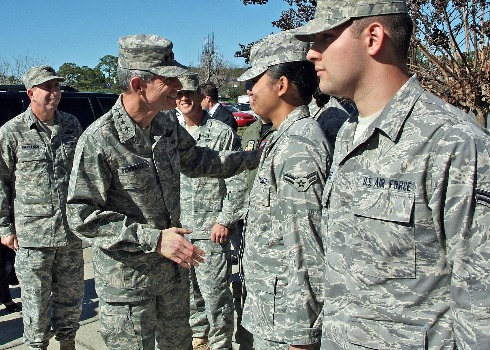 Air Force Chief of Staff Gen. Norton Schwartz meets Senior Airman Grace Blazado during a visit to the 505th Command and Control Wing Jan. 9 at Hurlburt Field, Fla. Airman Blazado is a 505th Communications Squadron client support administrator. (U.S. Air Force photo)
