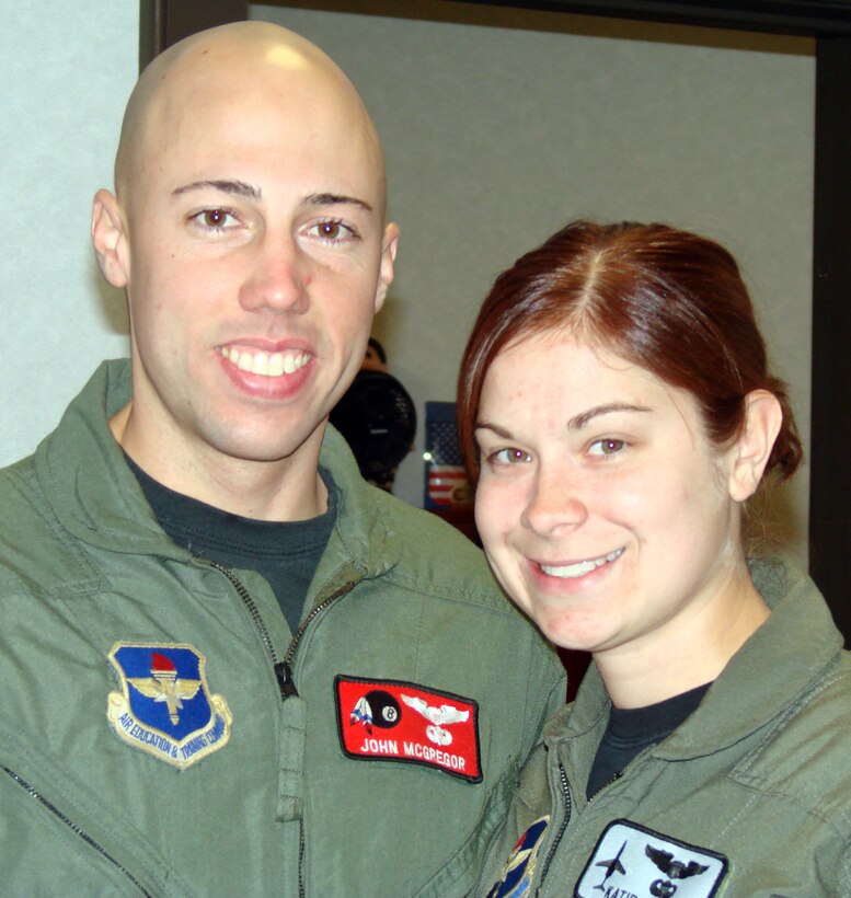 Capts. John and Katie McGregor, Vance pilots who came to the assistance of civilians who were in a small plane that crashed in Oahu, Hawaii over the holidays. (U.S. Air Force photo by 2nd Lt. Lynn Aird)