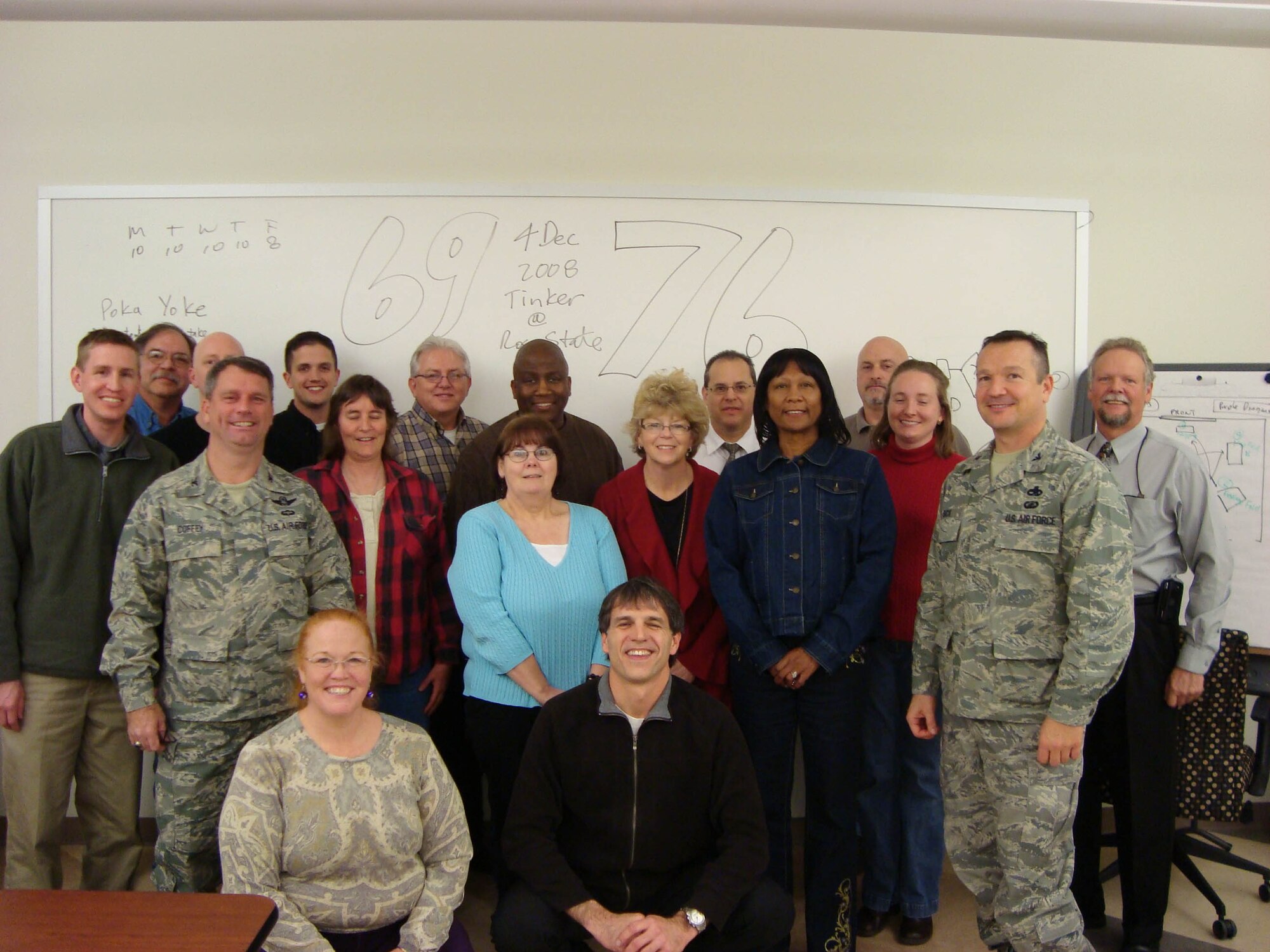 Tinker Lean Institute instructor Michael Kukhta, first row center, poses with the Green Belt training class that shattered the paper airplane exercise record.  Both eight-person teams broke the previous record of 65, totaling 76 and 69 respectively.(Courtesy photo)