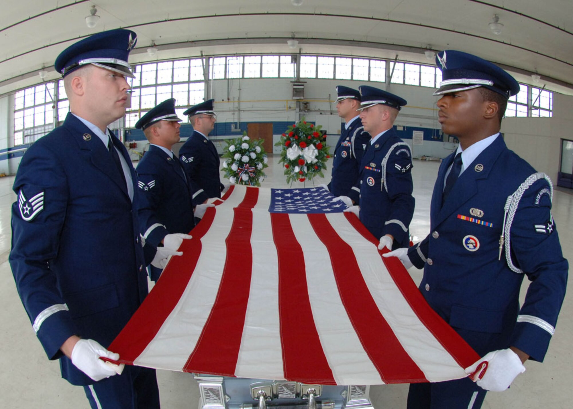 Honor Guard members train long hours to ensure flawless ceremonies for family members. Clockwise from left are Staff Sgt. Michael Duggie, Senior Airman Craig Wytiaz, Senior Airman Shawn Smith, Staff Sgt. Danial Salkowski, Airman 1st Class Robert Joyce, and Airman 1st Class Isaac Garden. (Courtesy photo)