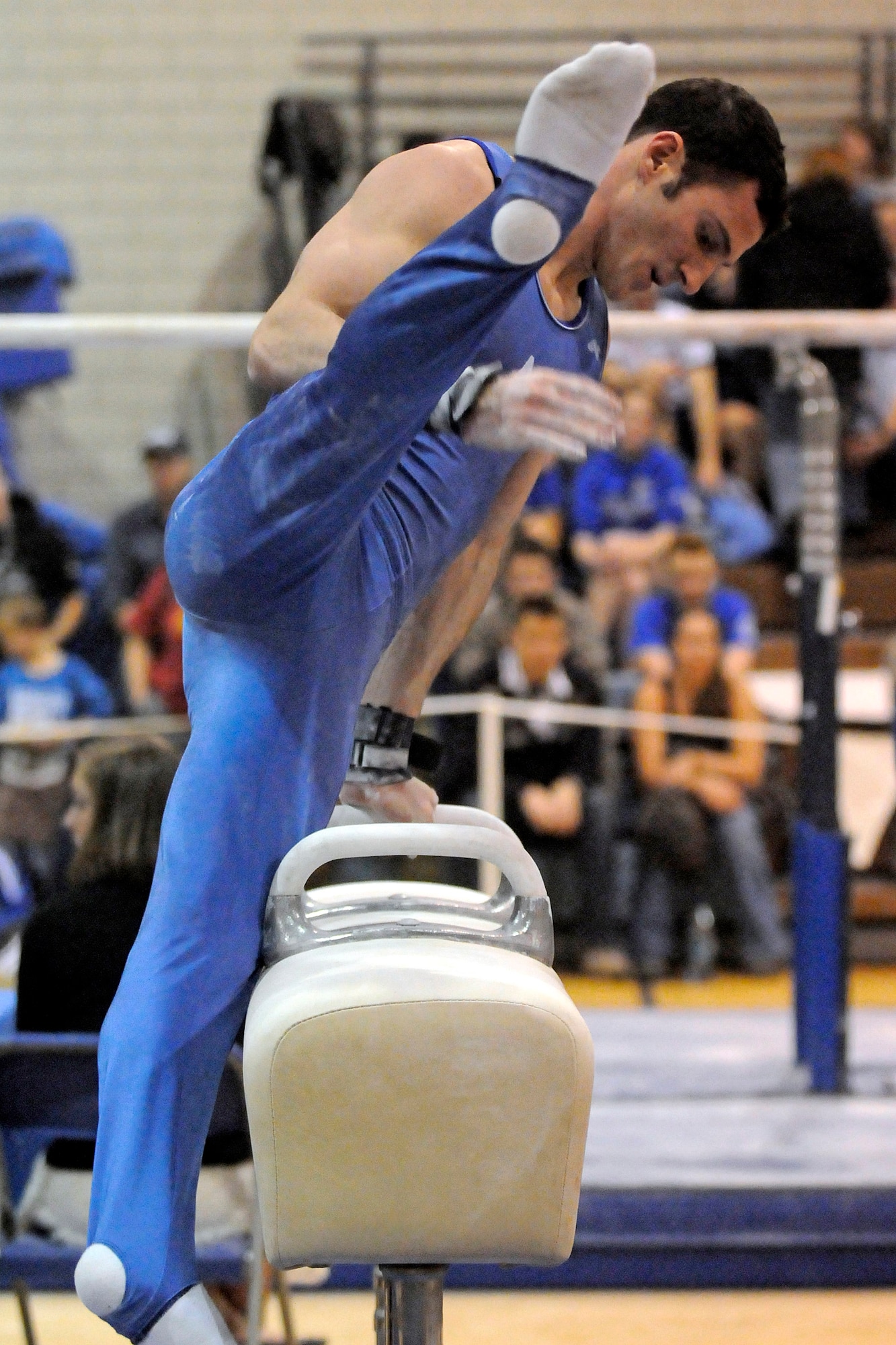 U.S. Air Force Academy junior Garrett Canter competes on the pommel horse during the annual Rocky Mountain Open Jan. 10 at the Academy in Colorado. The Falcons accounted for seven top-10 finishes as they placed third overall in the meet in front of a capacity crowd. (U.S. Air Force photo/Mike Kaplan)
