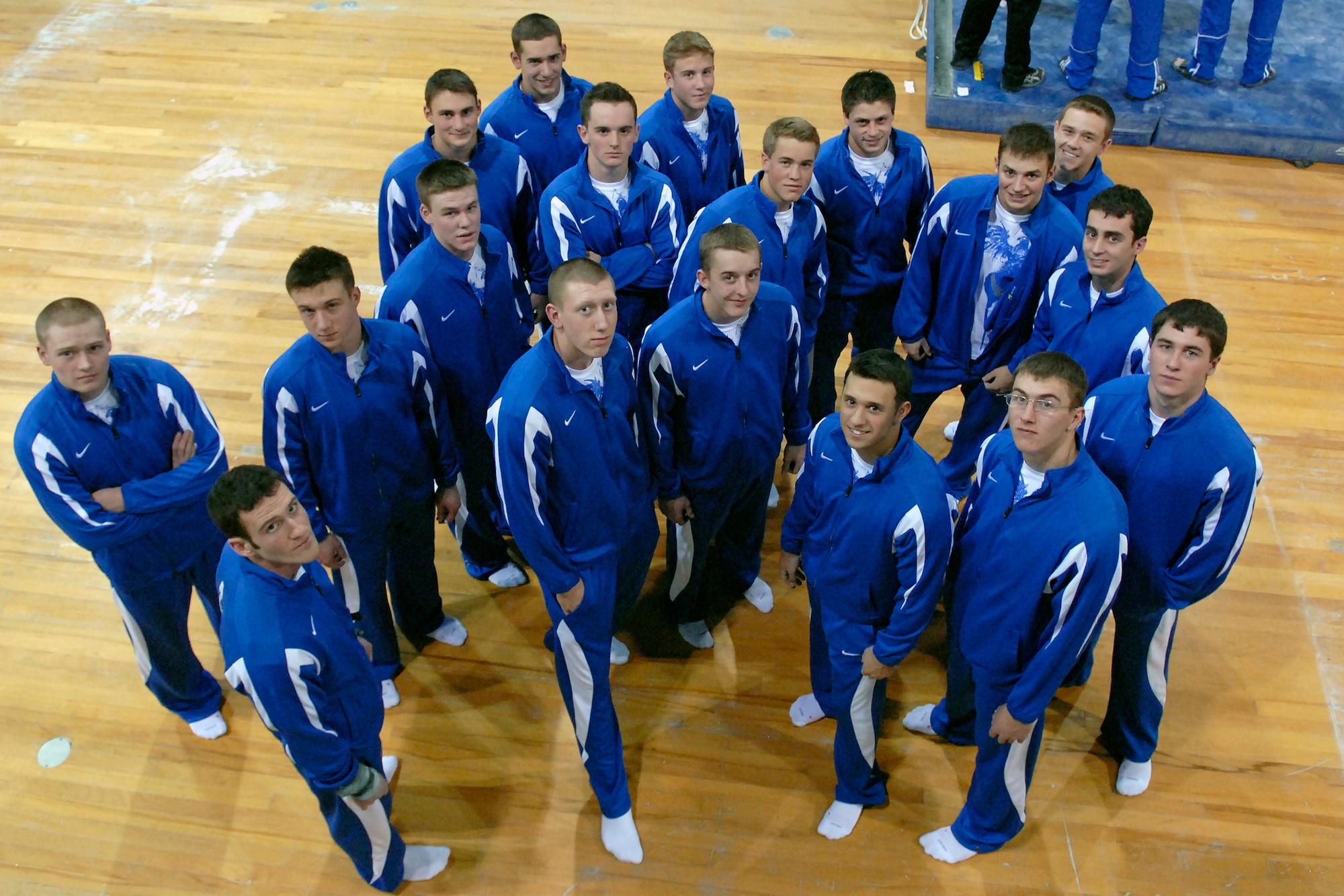 The U.S. Air Force Academy men's gymnastics team prepares to enter the arena as they hosted the annual Rocky Mountain Open Jan. 10 at the Academy in Colorado. The Falcons accounted for seven top-10 finishes as they placed third overall in the meet in front of a capacity crowd. (U.S. Air Force photo/Mike Kaplan)
