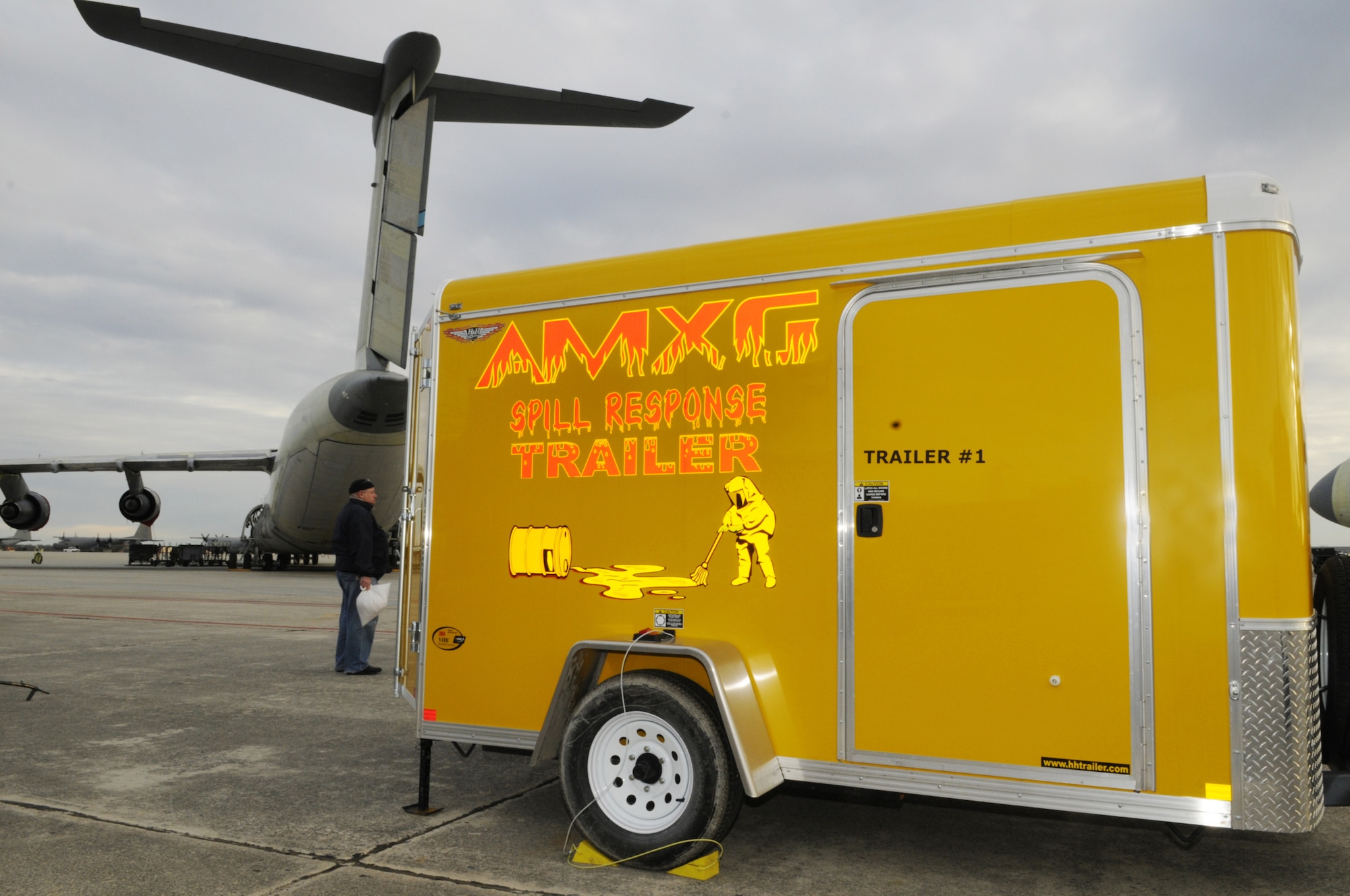 A spill response trailer with supplies needed to comtain and clean spills sits on Robins' flightline. Spill response trailers are in place to contain spills so the spilled liquid does not get into the natural run off and contaminate the natural environment.  U. S. Air Force photo by Sue Sapp