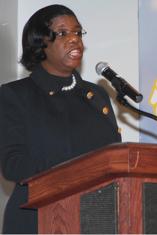 Retired Air Force Maj. Gen. Mary L. Saunders speaks Jan. 13 at Sheppard's
annual Martin Luther King Jr. Luncheon in the Sheppard Club. General
Saunders said Dr. King's civil rights movement benefited all people,
regardless of race or gender. (U.S. Air Force photo/Lou Anne Sledge)
