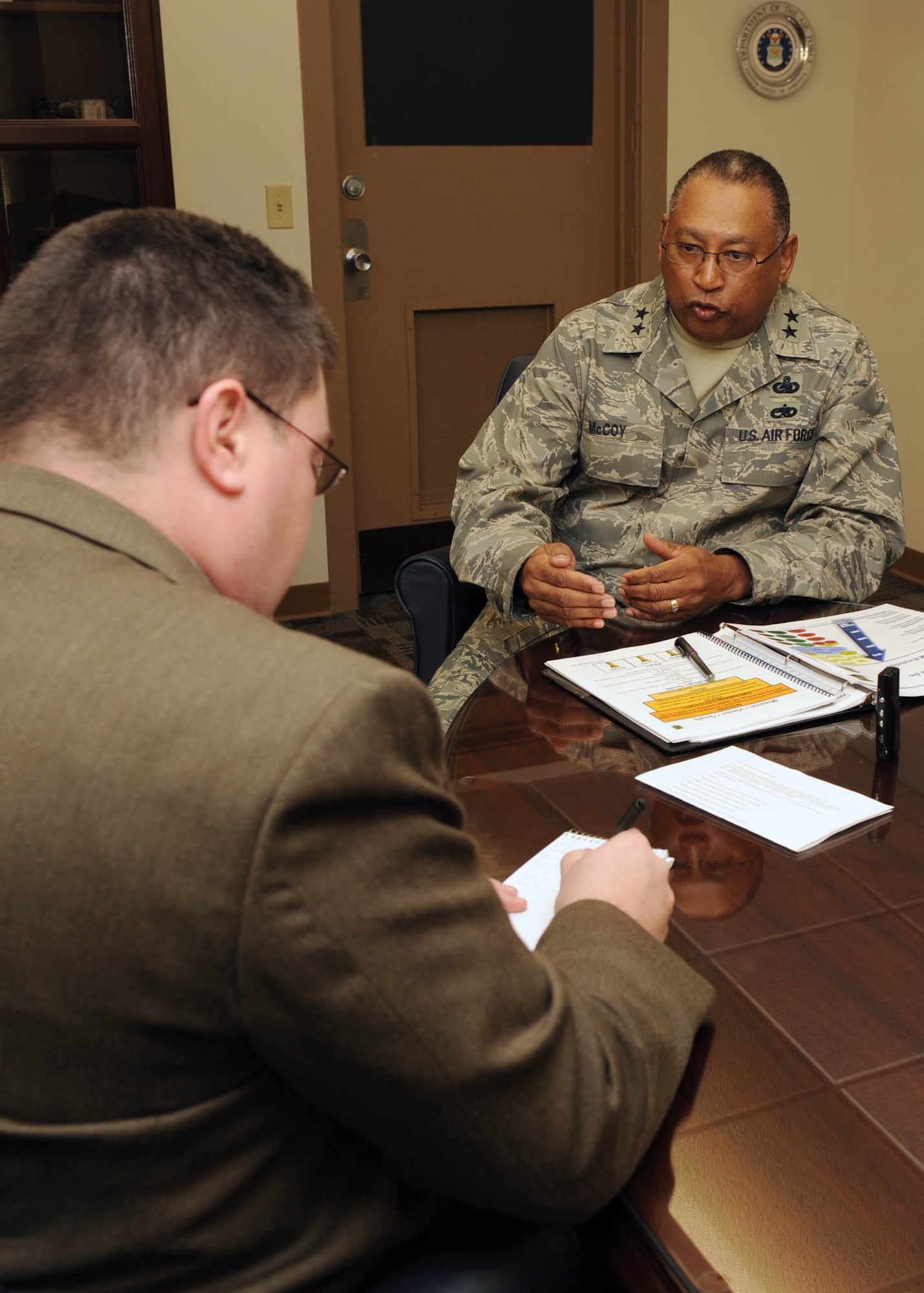 SCOTT AIR FORCE BASE, Ill.-- Maj. Gen. Gary McCoy, Air Force Global Logistics Support Center commander, speaks to a reporter during an interview Jan. 8. (U.S. Air Force photo/Airman 1st Class Wesley Farnsworth) 