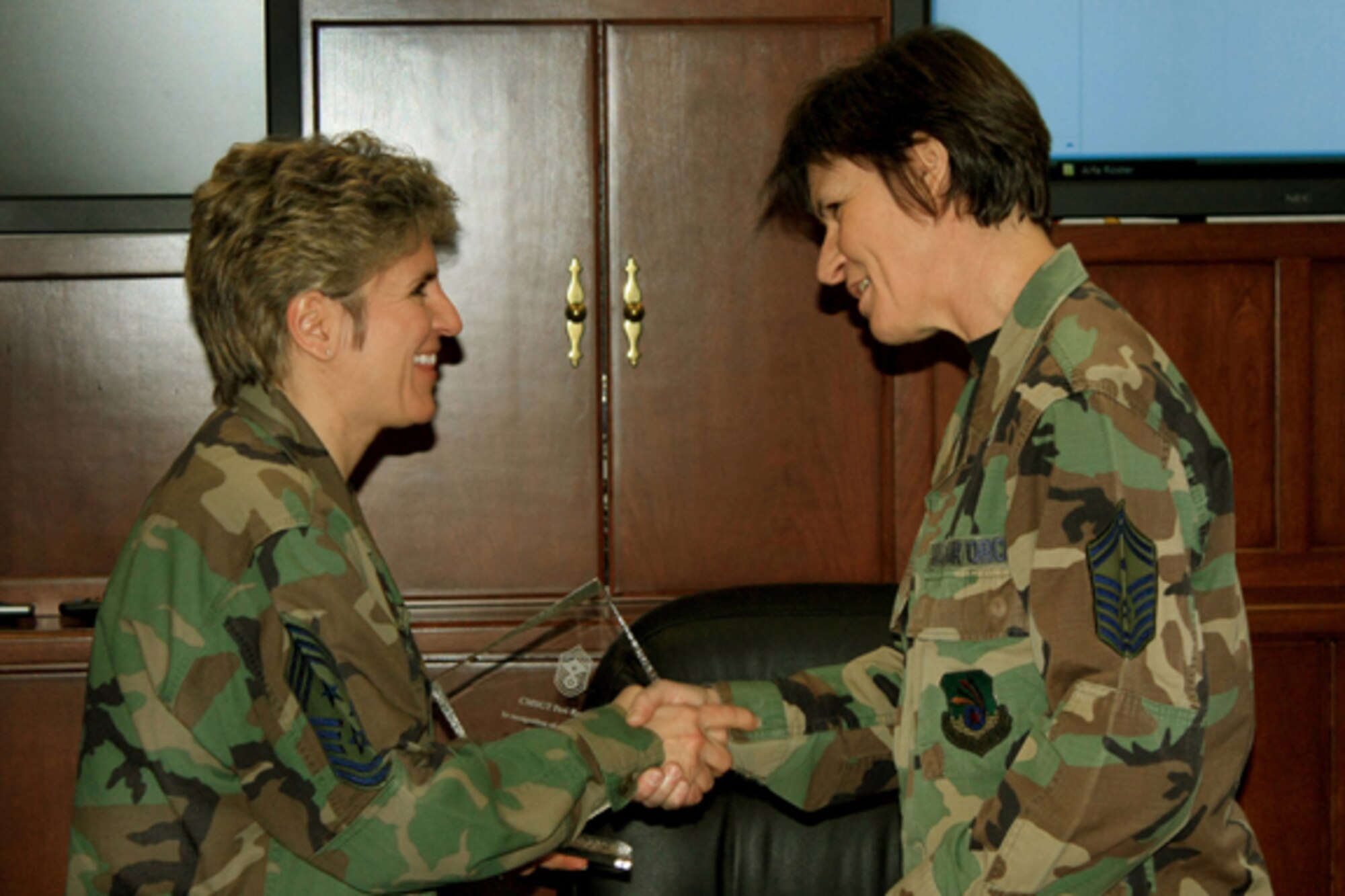 GRISSOM AIR RESERVE BASE, Ind., -- Chief Master Sgt. Peri Rogowski (left), 434th Air Refueling Wing Command Chief, is congratulated by Senior Master Sgt. Sandy Dye after being honored by the First Sergeants Council for her many years of outstanding service to Grissom ARB.  Chief Rogowski has been the Command Chief at Grissom since December 2005. (U.S. Air Force photo/Tech. Sgt. Patrick Kuminecz)