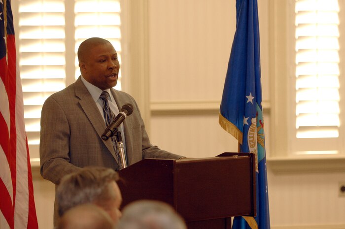 Staff Sgt. Clary Butler recites his rendition of "I Have a Dream" speech during the Dr. Martin Luther King Jr. 80th Commemorative Birthday Celebration held at the Charleston Club Jan. 14.  The event was held to celebrate Dr. King's birthday and to remember the price he paid for his belief in equality for all. Sergeant Butler is with the 315th Maintenance Squadron. (U.S. Air Force photo/Senior Airman Timothy Taylor)