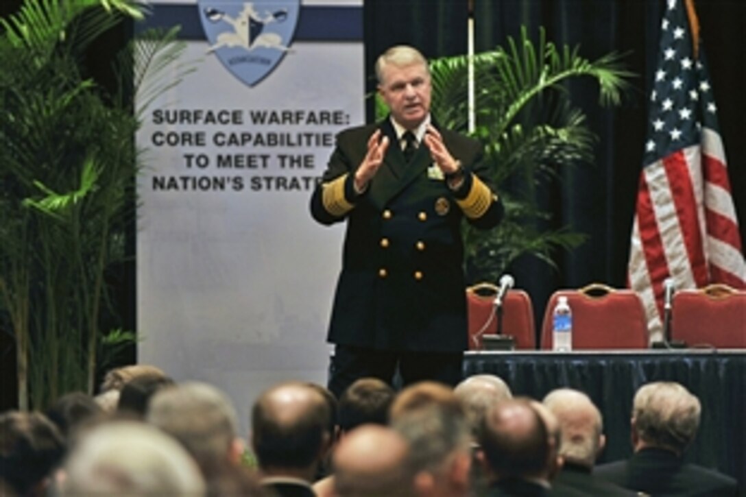 U.S. Navy Chief of Naval Operations Adm. Gary Roughead speaks at the 21st annual Surface Navy Association symposium in Arlington, Va., Jan. 14, 2008.