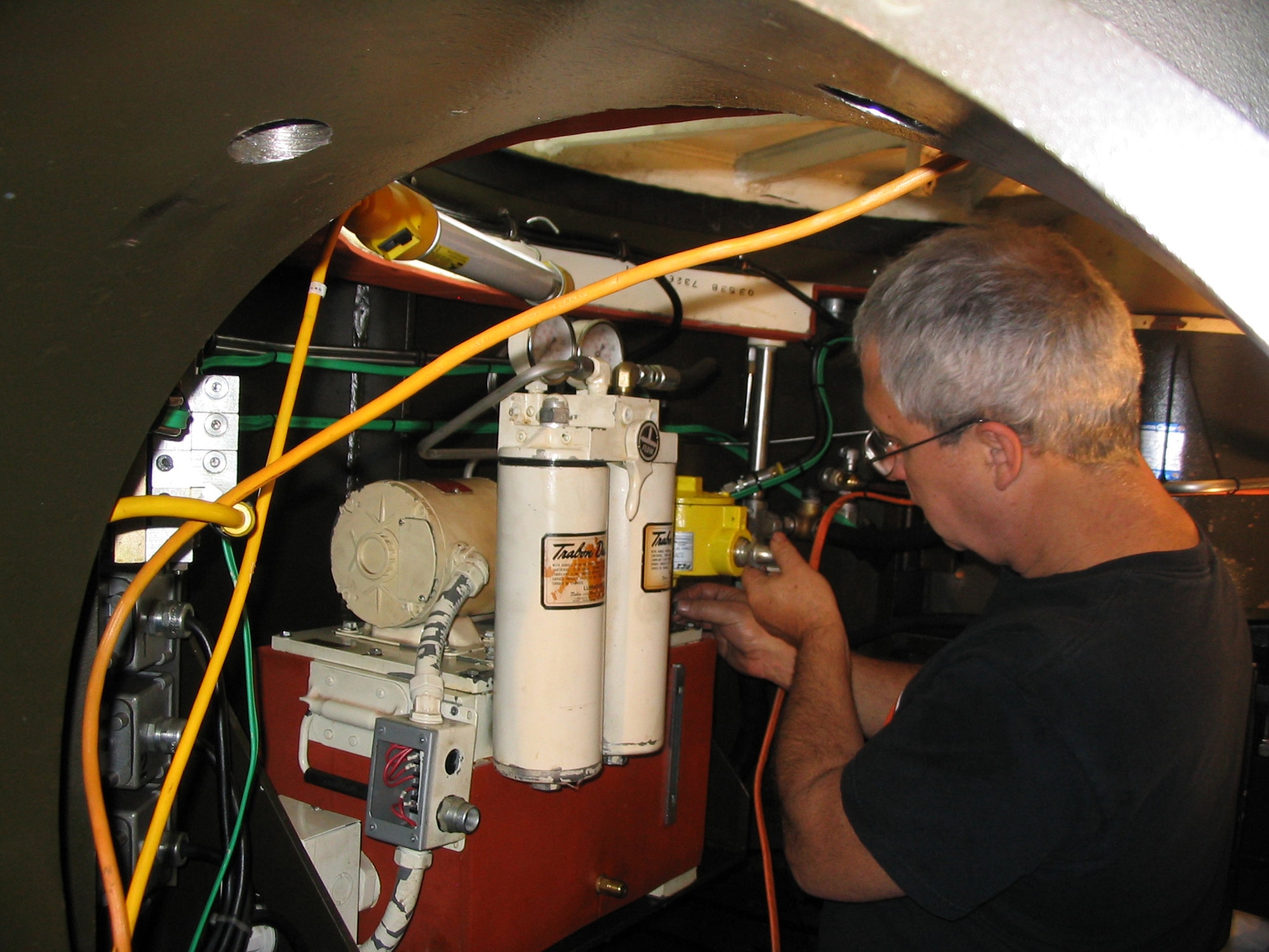 Jay Fisk, radar specialist, prepares for a main bearing change on the AN/FPS-117 radar at Cape Newenham Long Range Radar Station. Maintenance at the sites helps ensure radar up times, and minimal interruptions to the data it provides to the Region Air Operations Center located at Elmendorf.