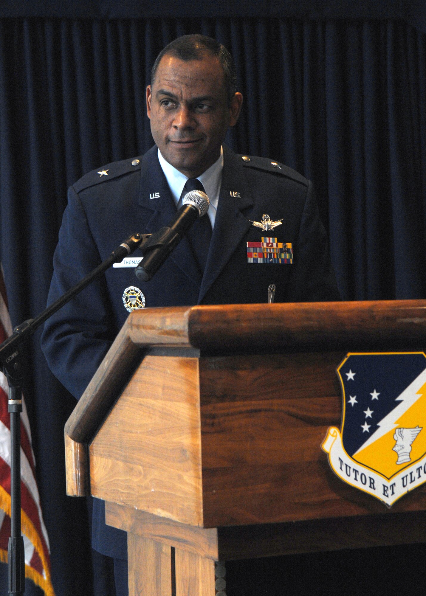 Brig. Gen. Everett H. Thomas, commander of the Air Force Nuclear Weapons Center at Kirtland Air Force Base, N.M, speaks during the Martin Luther King, Jr. observance luncheon at Holloman Air Force Base, N.M., Jan. 15. General Thomas, the guest speaker at the luncheon, spoke about Martin Luther King, Jr., his patriotism and how his actions fit into the Air Forces core values of integrity first, service before self and excellence in all we do. (U.S. Air Force photo/Senior Airman Anthony Nelson)