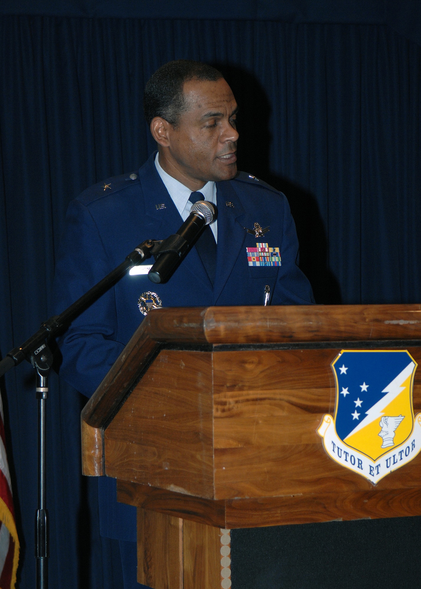 Brig. Gen. Everett H. Thomas, commander of the Air Force Nuclear Weapons Center at Kirtland Air Force Base, N.M, speaks during the Martin Luther King, Jr. observance luncheon at Holloman Air Force Base, N.M., Jan. 15. General Thomas, the guest speaker at the luncheon, spoke about Martin Luther King, Jr., his patriotism and how his actions fit into the Air Forces core values of integrity first, service before self and excellence in all we do. (U.S. Air Force photo/Senior Airman Anthony Nelson)