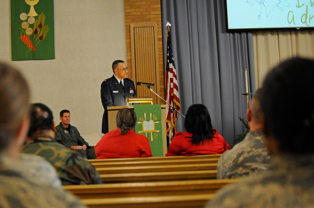 Col. David L. Morrow, Air Combat Command deputy command chaplain, speaks about Martin Luther King Jr. here, Jan. 15. Ellsworth held an event at the chapel to celebrate Martin Luther King Jr. day.(US Air Force photo/Airman 1st Class Corey Hook)