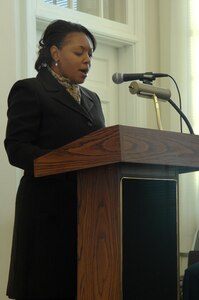 LANGLEY AIR FORCE BASE, Va. - - Ms. Chessie Ricks, 2nd Manpower Requirements Squadron and African American Heritage Counsel Member, reads a poetry selection from African American poet Maya Angelou, during an annual commemorative celebration highlighting Dr. Martin Luther King Jan. 16. Team Langley’s African American Heritage Committee held the program acknowledging Dr. King’s contributions to the civil rights movement. The celebration consisted of poetry readings, musical selections and biblical verse recitations related to the beliefs of Dr. King. (U.S. Air Force Photo/Senior Airman Cecil C. McCloud) 