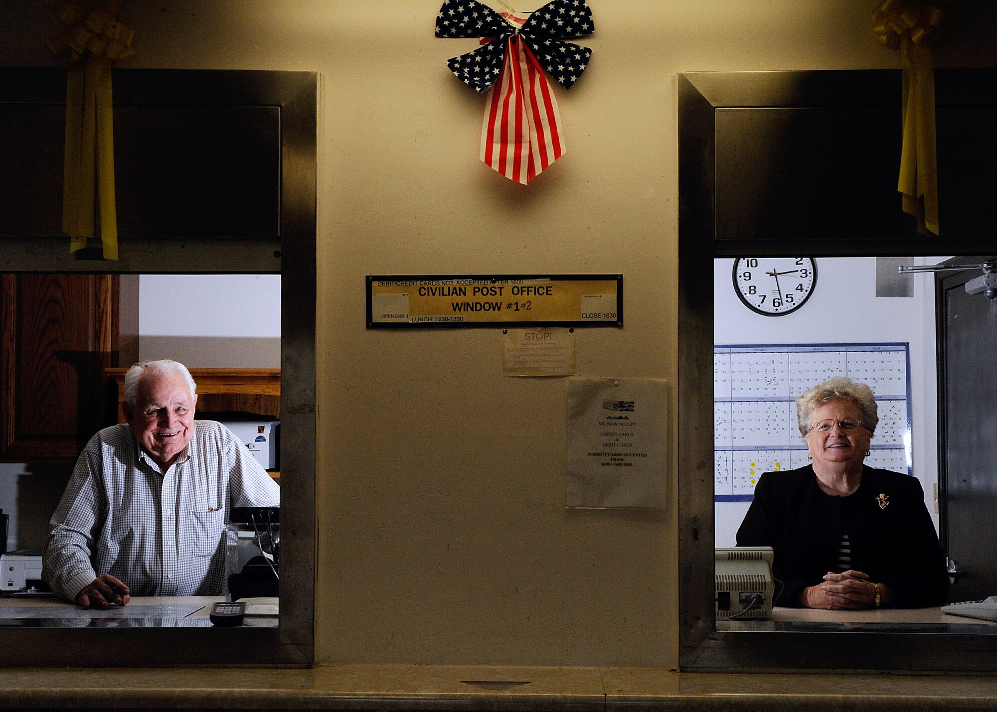 MOODY AIR FORCE BASE, Ga. -- James and Faye Smith, employees at the Base Post Office, are featured at their work stations here Jan. 13. Mr. Smith first met his wife while stationed at Moody and the couple has been married for more than 54 years. (U.S. Air Force photo by Senior Airman Brittany Barker) 