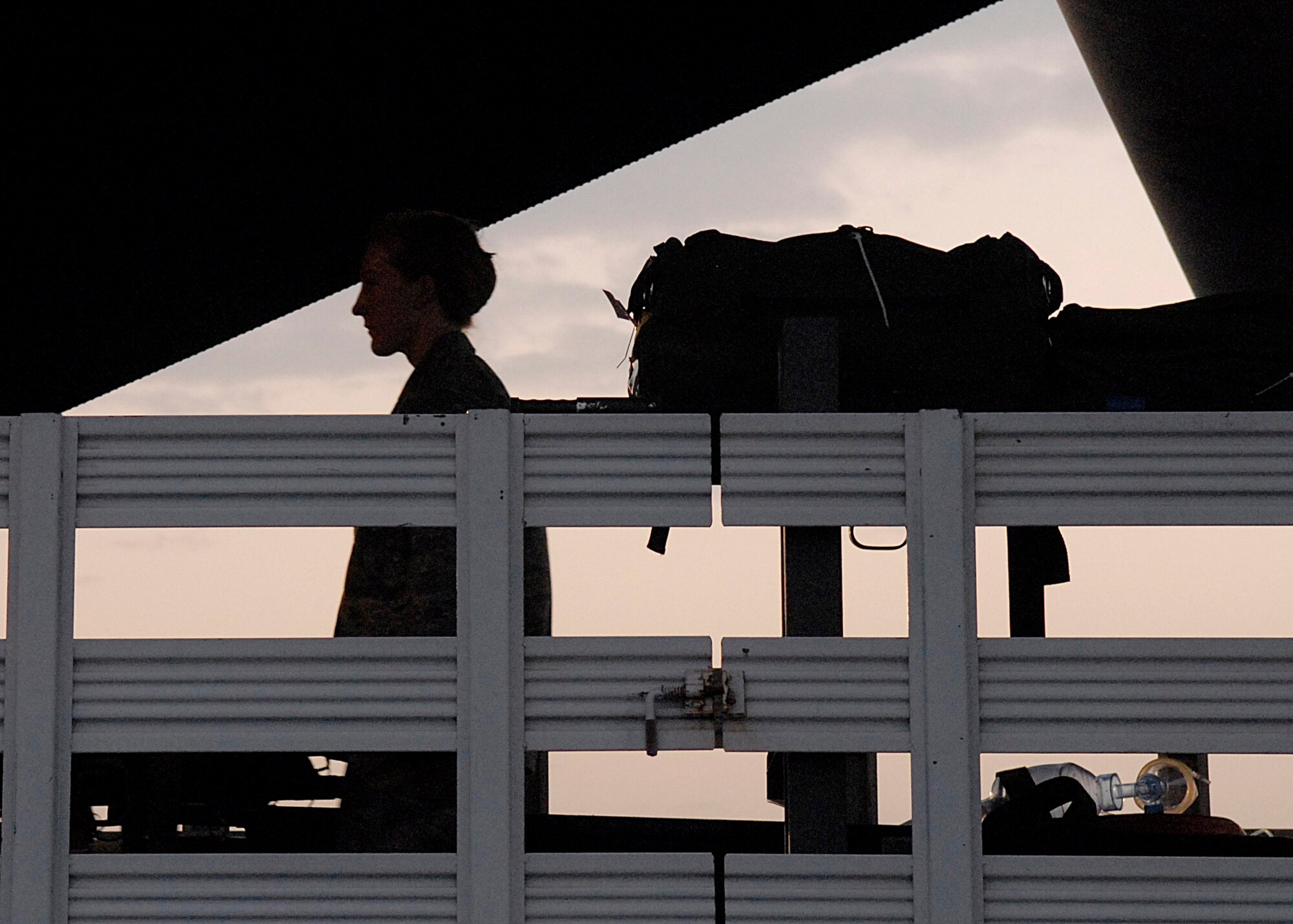 Staff Sgt. Rebecca Jaudon carries a litter onto a C-130 Hercules Jan. 11 at an air base in Southwest Asia. The ground crew loads medical supplies onto aircraft to support patients being transported in the area of operations. Sergeant Jaudon is a 379th Expeditionary Aeromedical Evacuation Squadron ground crew. (U.S. Air Force photo/Airman 1st Class Andrew Satran)
