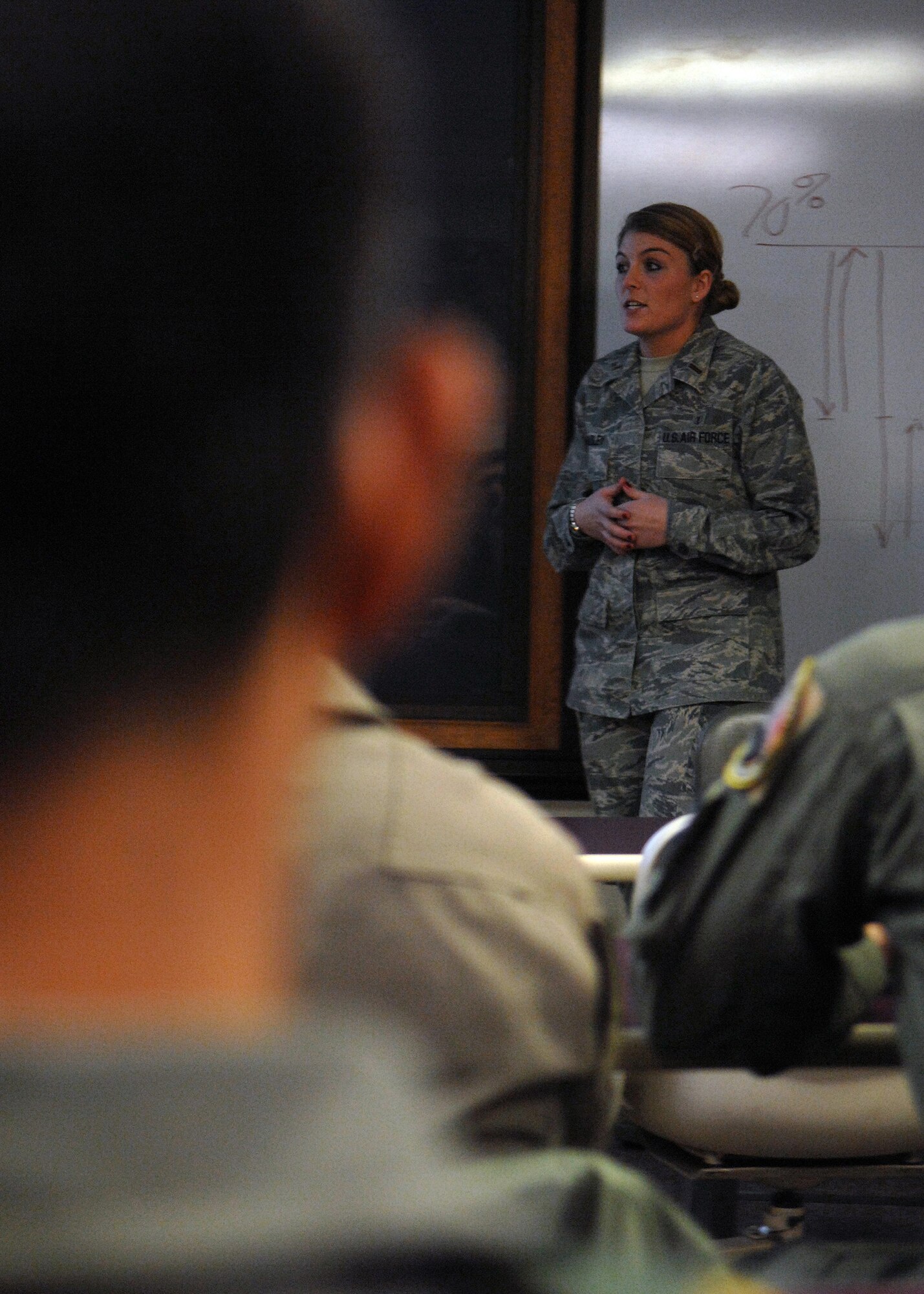 2nd Lt. Shawnalee Bradley, centrifuge training instructor, talks to her class about their G-suits before entering in the centrifuge, Jan. 14, at Holloman Air Force Base, N.M. Lieutenant Bradley is an aerospace physiologist assigned to 49th Fighter Wing. 
A G-suit is worn by aviators and astronauts who are subject to high levels of acceleration ('G'). It is designed to prevent a black-out and g-LOC (g-induced Loss of consciousness), due to the blood pooling in the lower part of the body when under G, thus depriving the brain of blood. The centrifuge at Holloman AFB is operated by the aerospace physiology department for the purpose of training and evaluating prospective fighter pilots for high-g flight in Air Force fighter aircraft. (U.S. Air Force photo/ Senior Airman Anthony Nelson Jr)




(U.S. Air Force photo/ Senior Airman Anthony Nelson)
