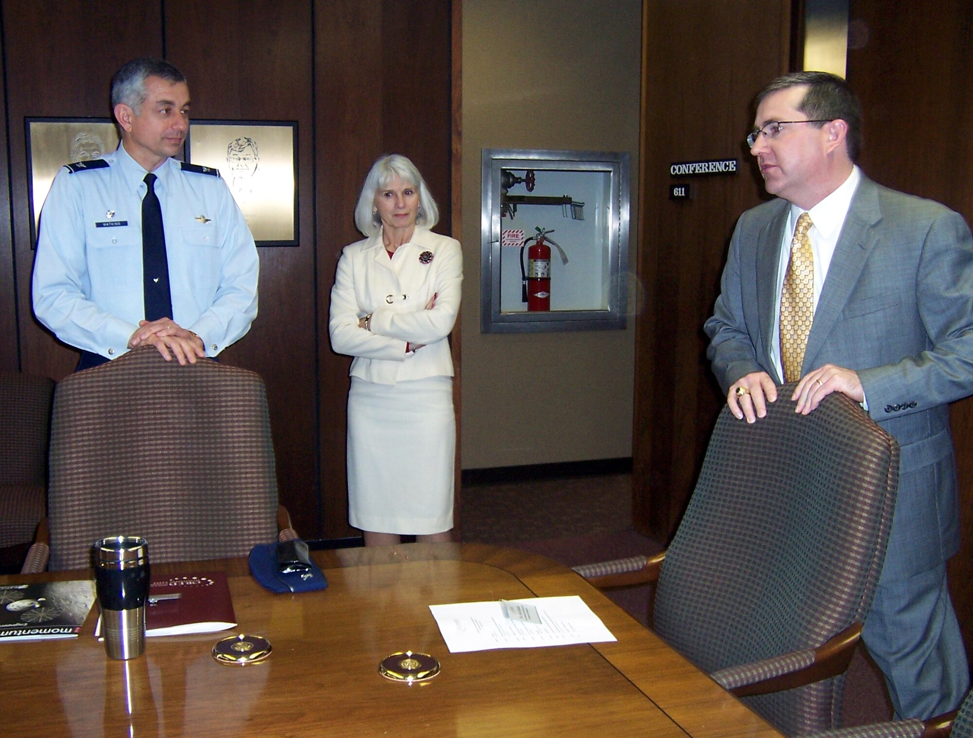 Colonel Roger Watkins, 14th Flying Training Wing commander, is welcomed by Dr. Sandra Harpole, Associate Vice President for Research and Economic Development, and Dr. Kirk Schulz, Vice President for Research and Economic Development, at Mississippi State University.  Fifteen BLAZE senior leaders toured MSU last Thursday. (U.S. Air Force photo)

