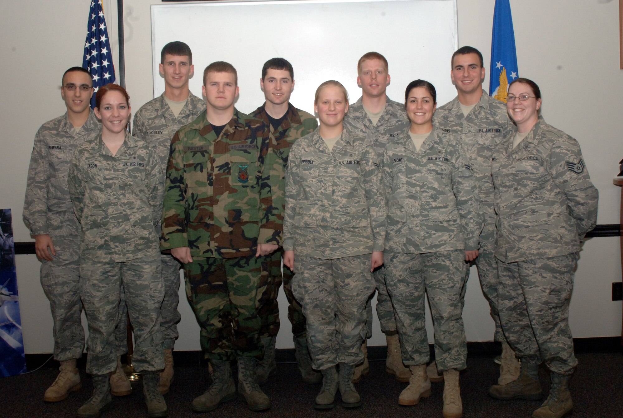 The 14th Flying Training Wing congratulates its newest Airmen who completed the First Term Airman Course Friday. Our newest Airmen are: Airman 1st Class Michaela Eason, 14th Medical Operations Squadron; Airman Kevin Reister, 14th Civil Engineer Squadron; Airman 1st Class Amanda Pribble, 14th MDOS; Airman 1st Class Katherine Mazzone, 14th MDOS; Airman 1st Class Jason Prewara, 14th Operations Support Squadron; Airman Adam Woosley, 14th Comptroller-Contracting Squadron (Provisional); Airman Steven Ferrell, 14th CES; Airman 1st Class Tyler West, 14the OSS; and Airman 1st Class Kyle Burns, 14th CPTS-CONS (P). (U.S. Air Force photo by Airman 1st Class Josh Harbin)