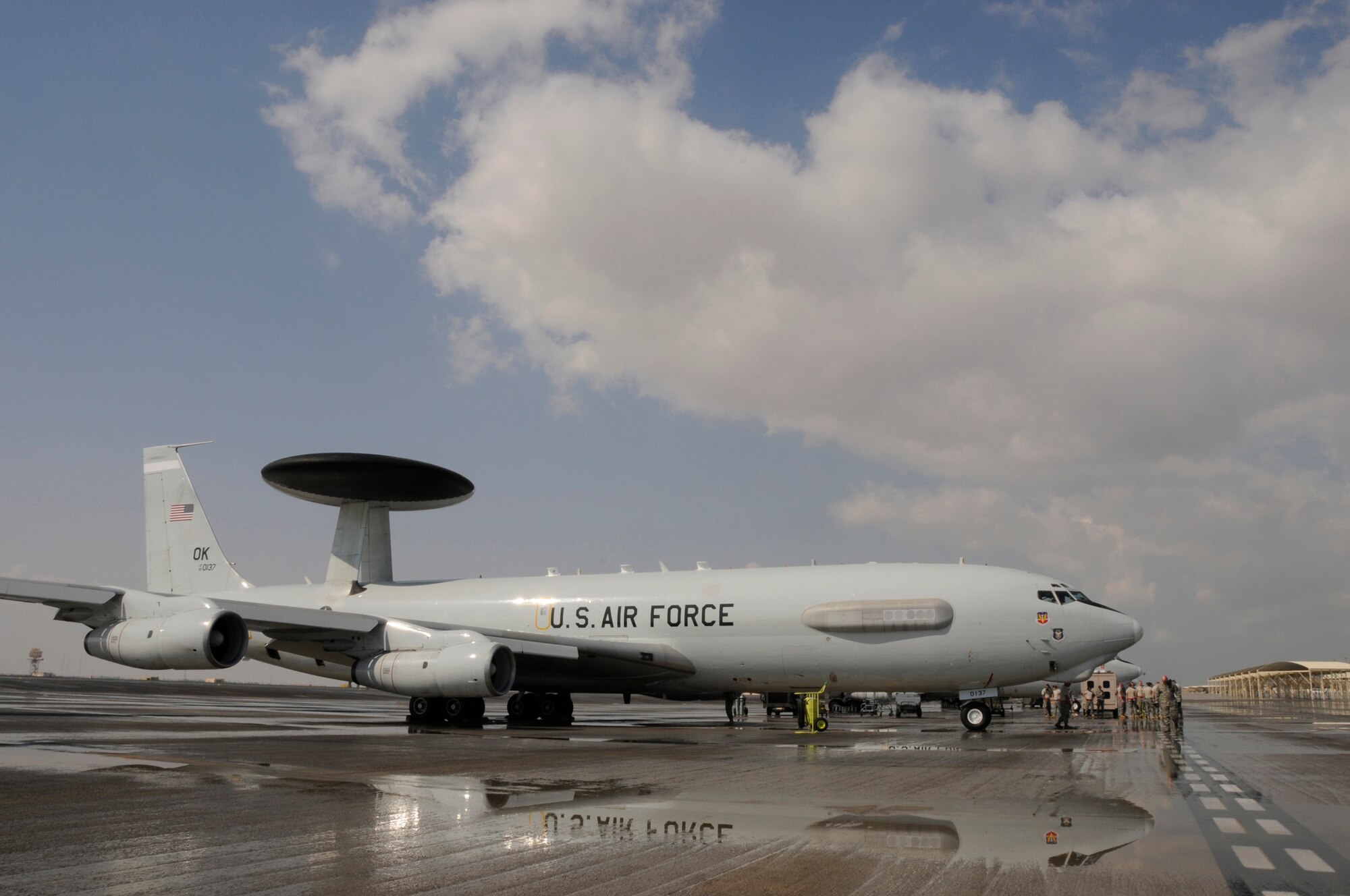 SOUTHWEST ASIA -- An E-3 Sentry prepares for take- off from the 380th Air Expeditionary Wing, Jan. 15. Maj. Jon Williams, 963rd Expeditionary Airborne Air Control Squadron, mission crew commander was aboard making his one-year's worth of hours flight. Major Williams is from Edmond, Okla. and his home station is Tinker Air Force Base, Okla.(U.S. Air Force photo by Senior Airman Brian J. Ellis) (Released)