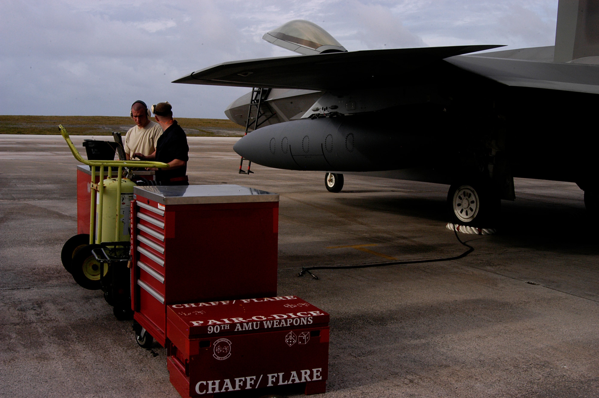 Airman 1st Class Holden Coladonato(left) and Staff Sgt. James Fleming, both crew chiefs with the 90th Aircraft Maintenance Unit, conduct post flight checks on an F-22 after its arrival at Andersen Air Force Base, Guam. The Raptors are deployed out of Elmendorf Air Force Base, Alaska, with more than 250 Airmen in support of the Pacifics Theater Security Package for three months..(U.S. Air Force photo by Senior Airman Ryan Whitney)




















  












 











































  












 

























