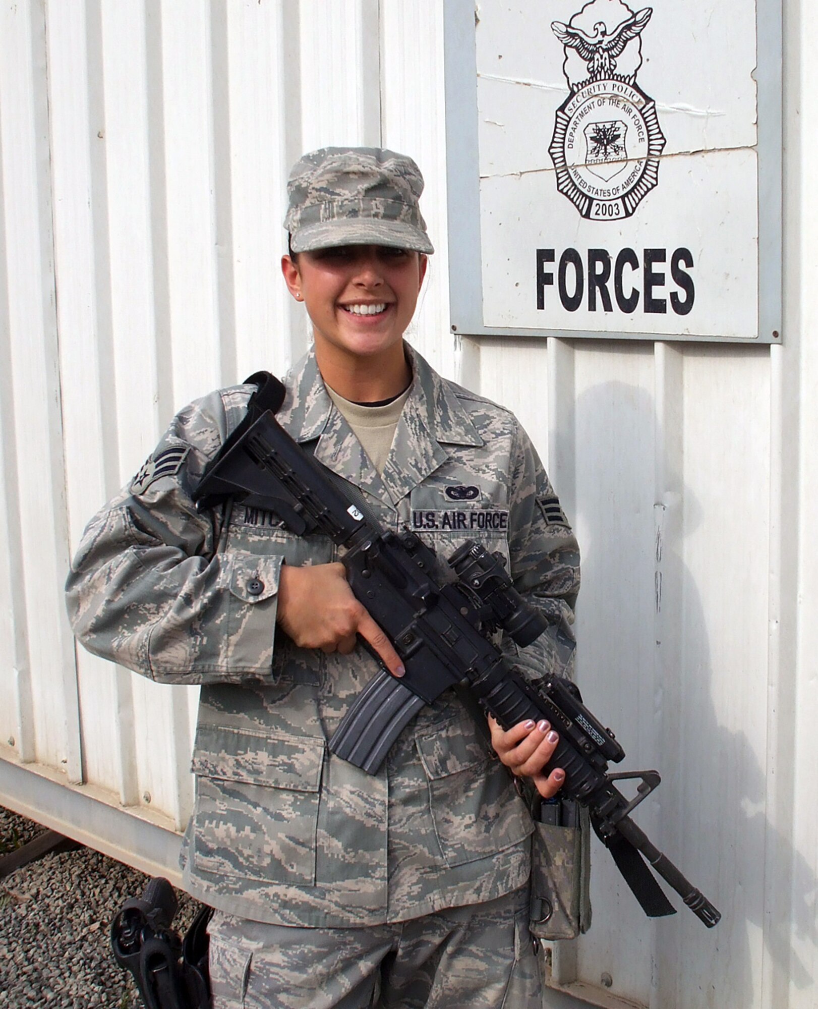 SOUTHWEST ASIA -- Senior Airman Britnee R. Mitchell, 387th Expeditionary Security Forces Squadron, is deployed from the 30th Security Forces Squadron at Vandenburg AFB, Calif. 