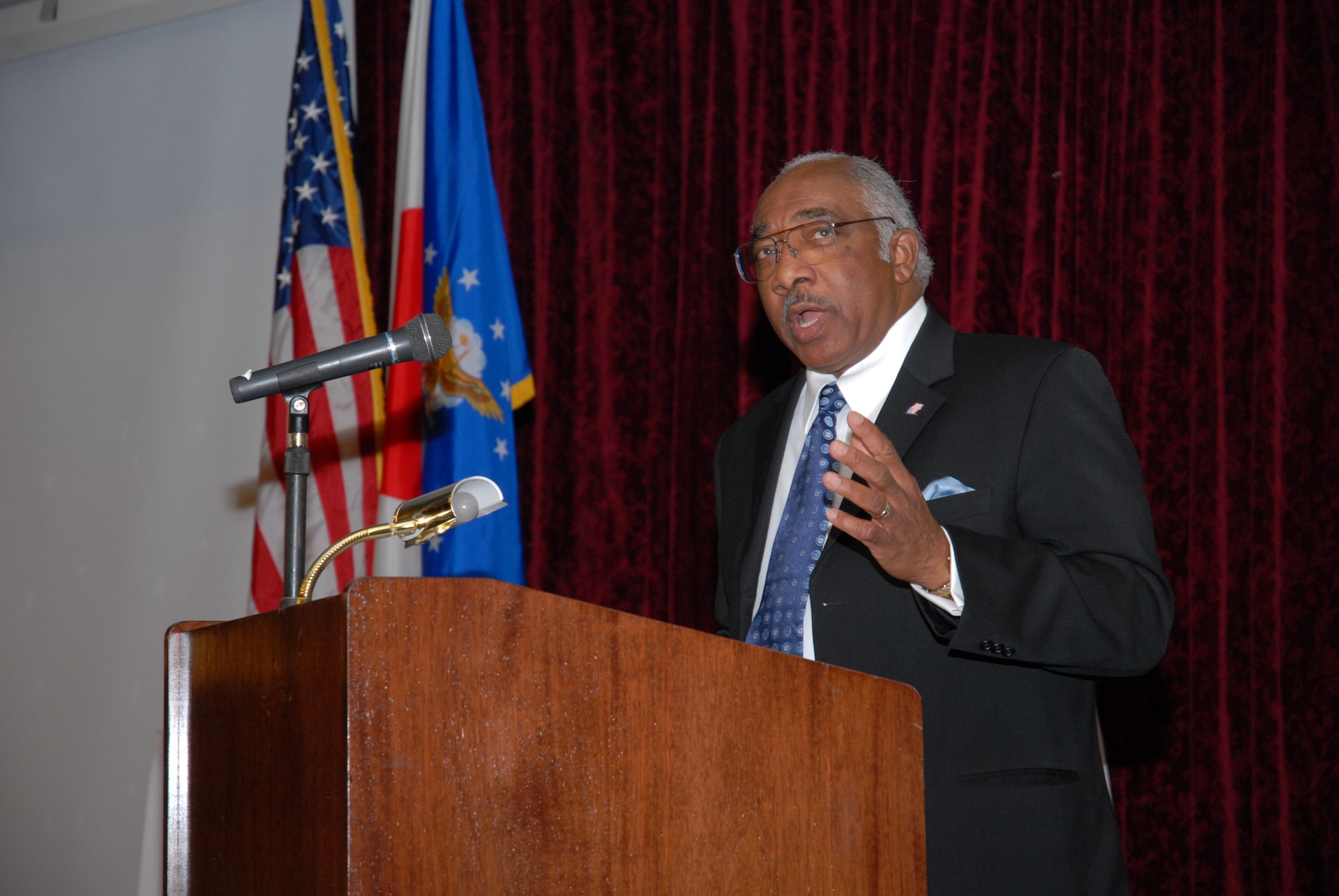 Col. (Ret.) Richard Toliver, a former F-15 test pilot and second generation Tuskegee Airman, speaks during the Martin Luther King Jr. Day luncheon at the Rocker NCO Club, Kadena Air Base, Japan on Jan. 16. (U.S. Air Force photo/Staff Sgt Angelique Perez)