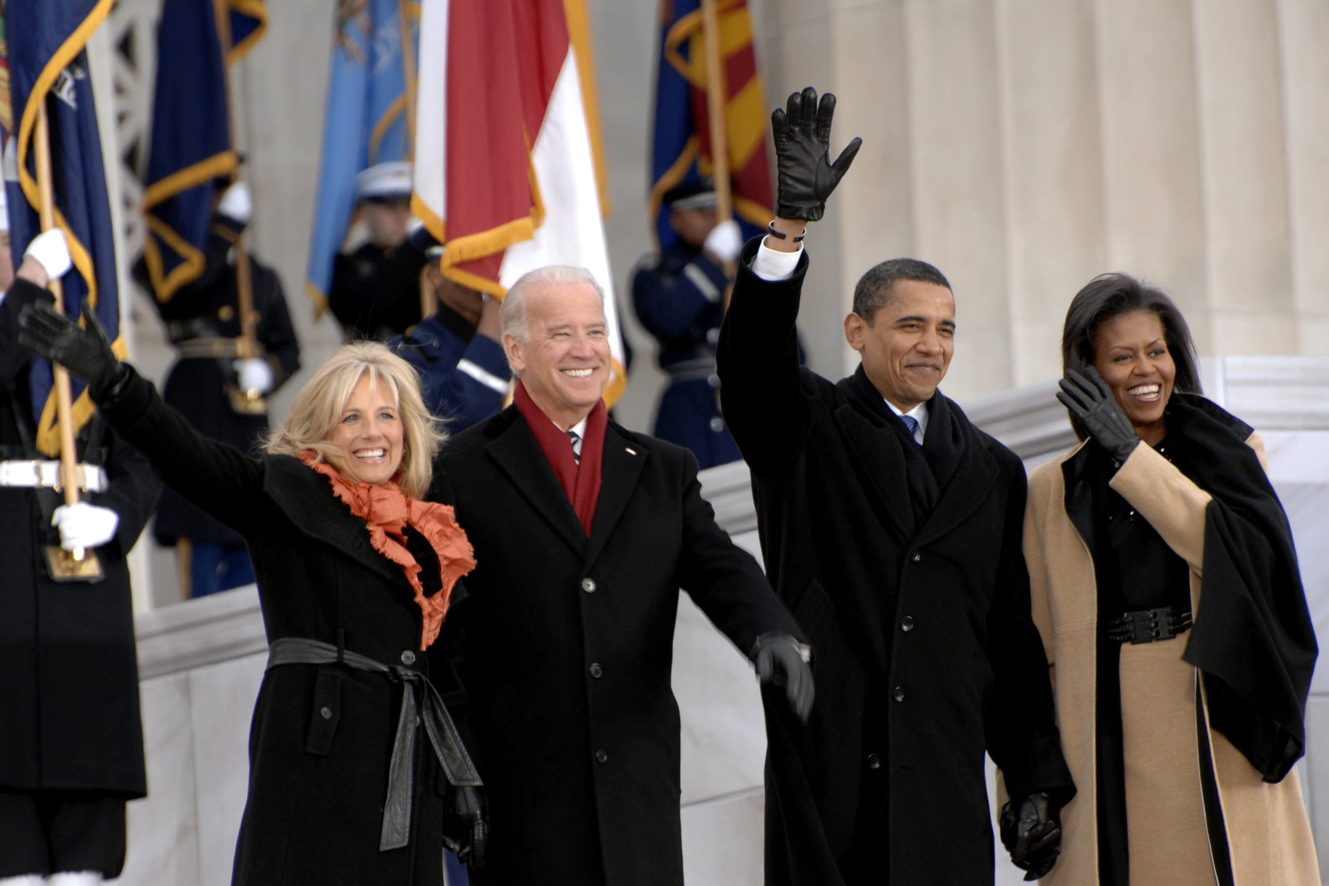 Jill Biden Vice President Elect Joe Biden President Elect Barack Obama And Michelle Obama Wave To