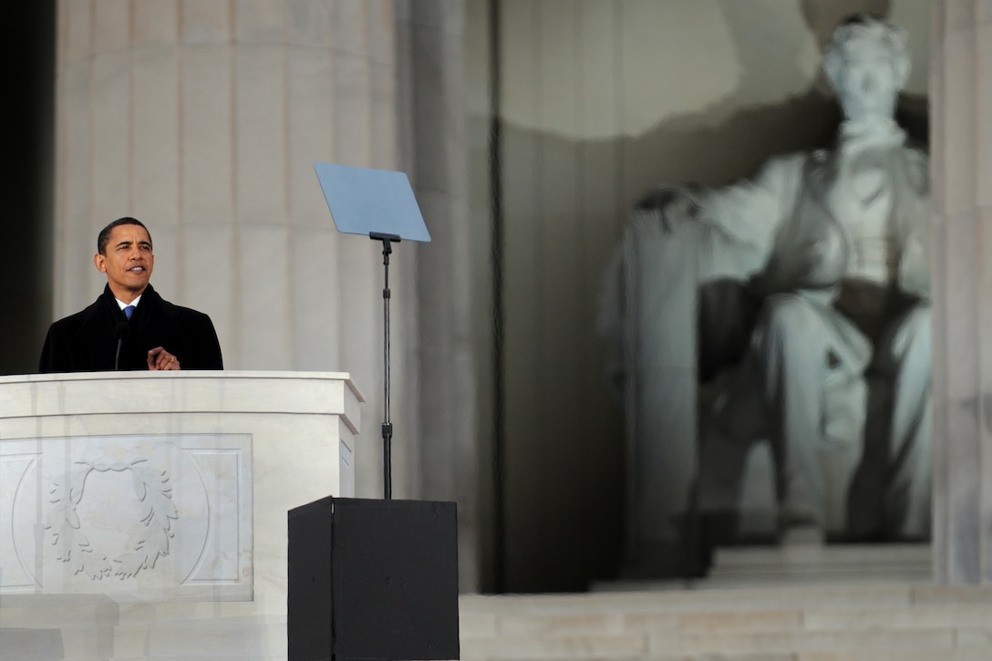 President-elect Barack Obama speaks during the inaugural opening ceremonies at the Lincoln Memorial on the National Mall in Washington, D.C., Jan. 18, 2009.