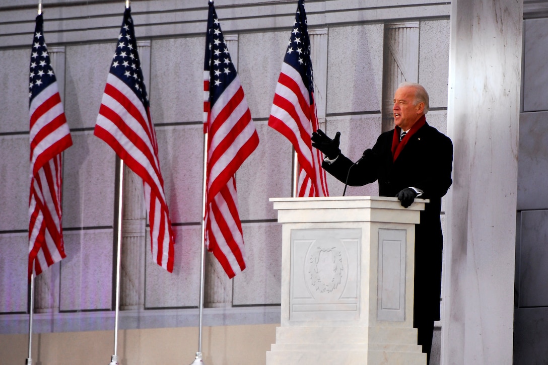 Vice President-elect Joe Biden speaks during the inaugural opening ceremonies at the Lincoln Memorial on the National Mall in Washington, D.C., Jan. 18, 2009.