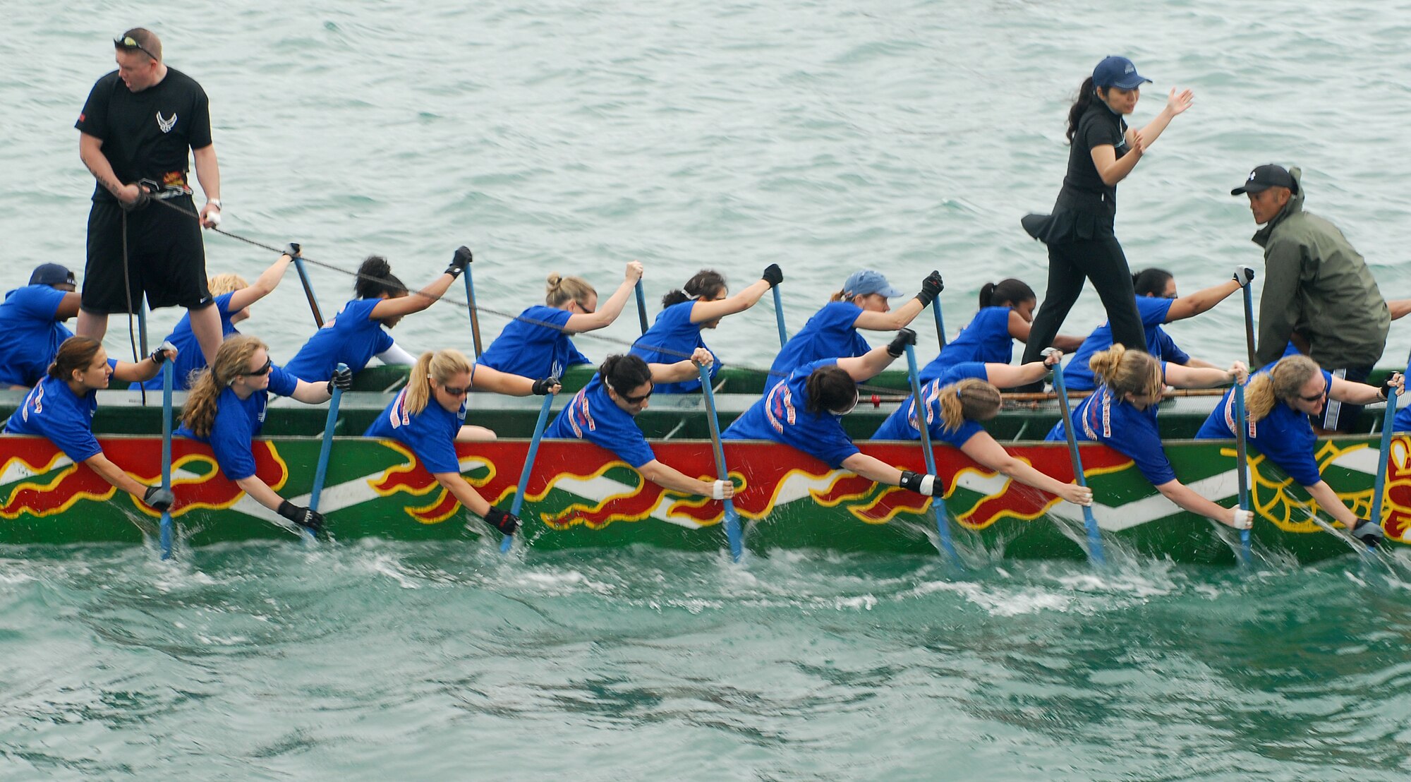 The Kadena Air Base Women's team pulls ahead of the competition during the Dragon Boat Race May 5, 2008 at Tomari Port in Naha City, Okinawa, Japan. The race is an annual tradition held every May on Okinawa. (U.S. Air Force photo/Airman Chad Warren)(Released)