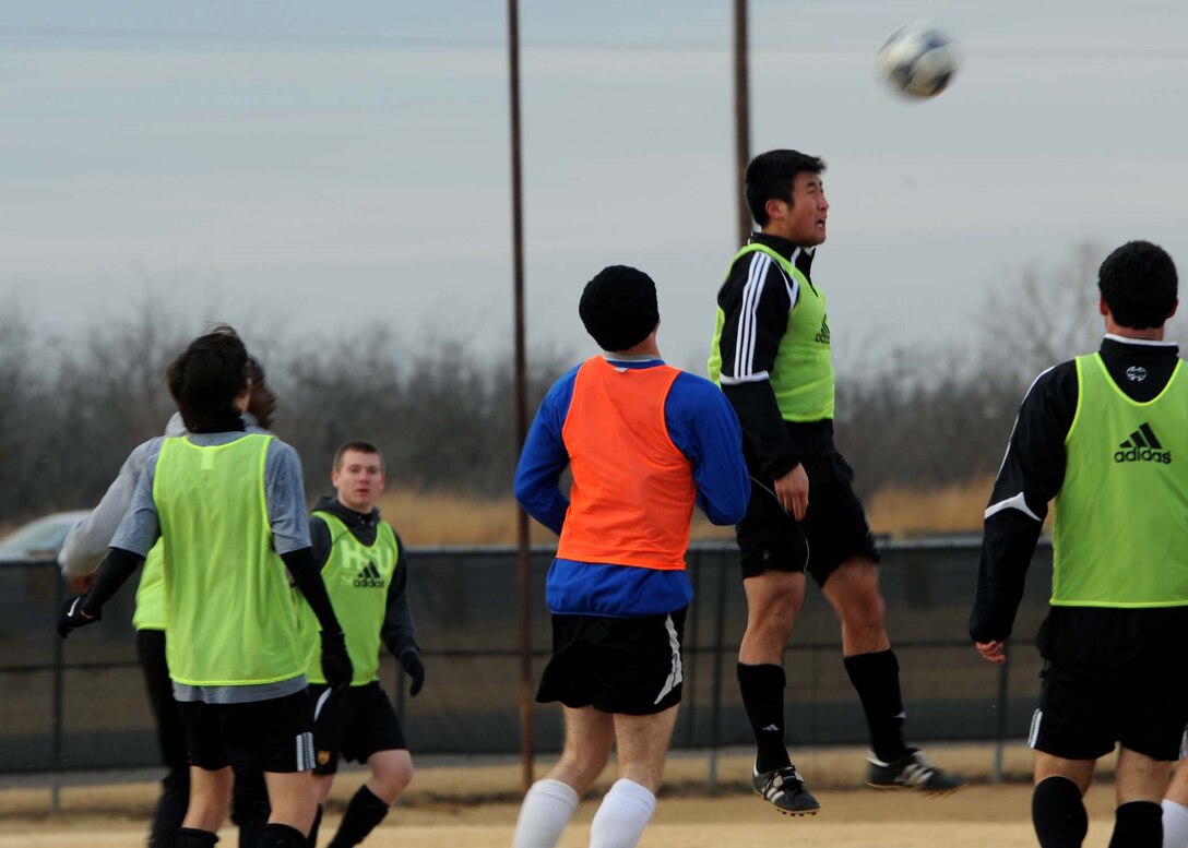 ABILENE, Texas -- During the Air Force soccer tryout camp, the Air Force tryout team scrimmages against the local Hardin Simmons University soccer team at the Lee Complex here, Jan. 15.  During the tryout camp the players compete in multiple scrimmages against base teams and local colleges here in Abilene. (U.S. Air Force photo by Airman 1st Class Stephen Reyes)