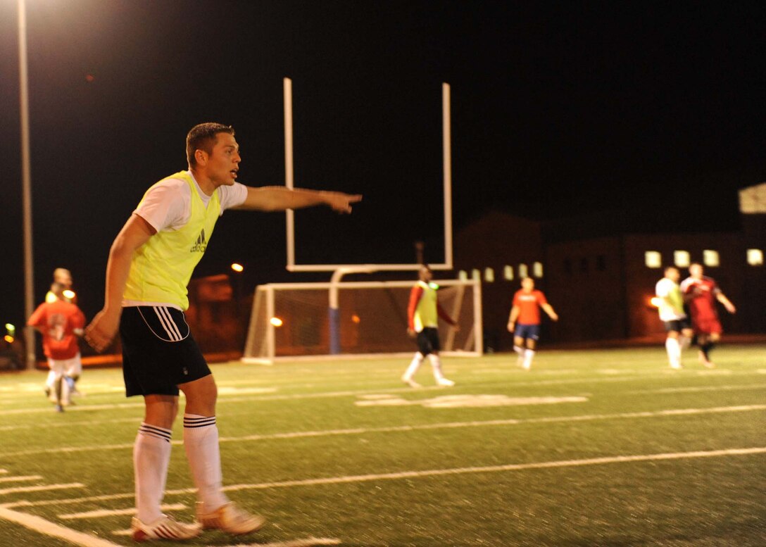 DYESS AIR FORCE BASE, Texas -- Senior Airman Nelson Hernandez, a 317th Aircraft Maintenance Squadron C-130 communications navigation technician, trains during the Air Force soccer tryout camp here, Jan. 10 to Jan. 30. Airman Hernandez is the only remaining Dyess Airman trying to qualify for the Air Force soccer team. (U.S. Air Force Photo by Airman 1st Class Stephen Reyes)