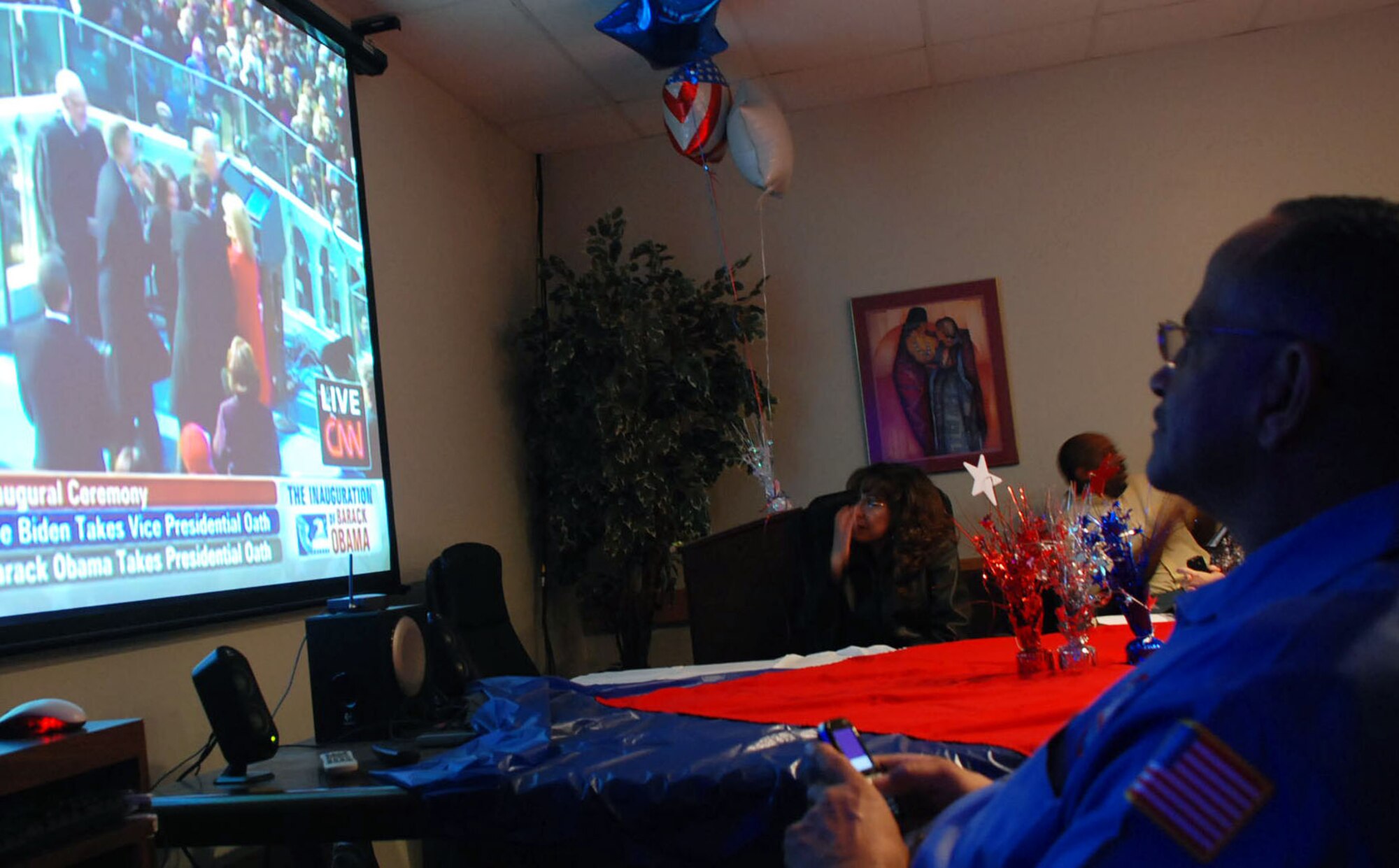 LAUGHLIN AIR FORCE BASE, Texas – More than 30 47th Flying Training Wing members gathered in the 47th Installation Support Squadron’s conference room to watch the Inauguration of President Barack Obama to become the 44th president of the United States at the U.S. Capitol in Washington, Tuesday, Jan. 20. (U.S. Air Force photo by Airman 1st Class Sara Csurilla)