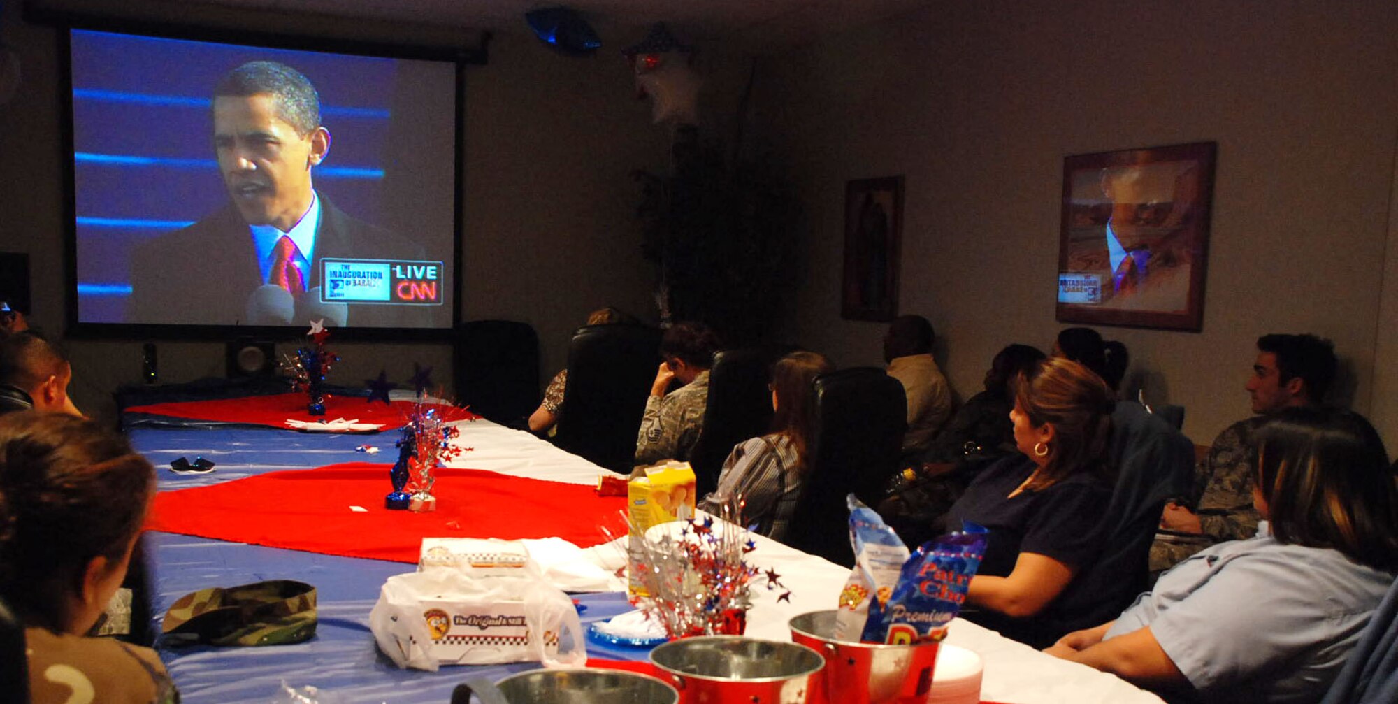 LAUGHLIN AIR FORCE BASE, Texas – More than 30 47th Flying Training Wing members gathered in the 47th Installation Support Squadron’s conference room to watch the Inauguration of President Barack Obama to become the 44th president of the United States at the U.S. Capitol in Washington, Tuesday, Jan. 20. (U.S. Air Force photo by Airman 1st Class Sara Csurilla)