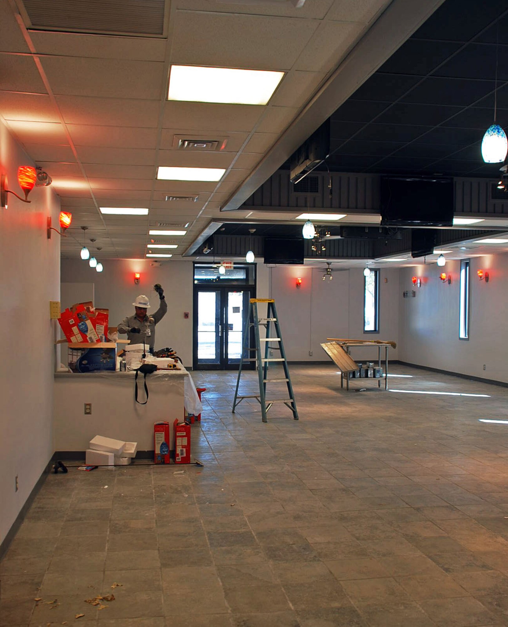 LAUGHLIN AIR FORCE BASE, Texas – In preparation for the grand opening of Jack’s Place on Jan. 29, Del Gen employees work hard on renovating the old dining facility here Jan. 20. (U.S. Air Force photo by Airman 1st Class Sara Csurilla)