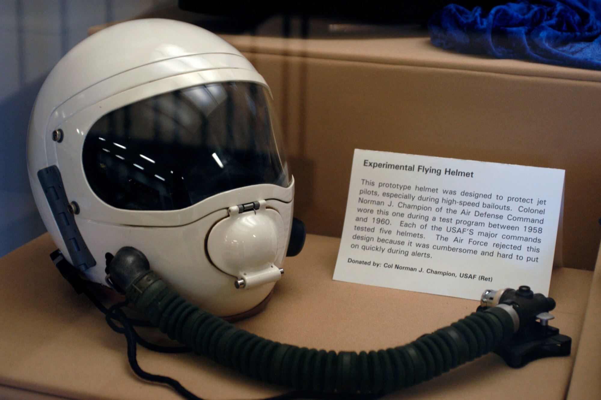 This prototype helmet was designed to protect jet pilots, especially during high-speed bailouts. Col. Norman J. Champion of the Air Defense Command wore this one during a test program between 1958 and 1960. (U.S. Air Force photo)