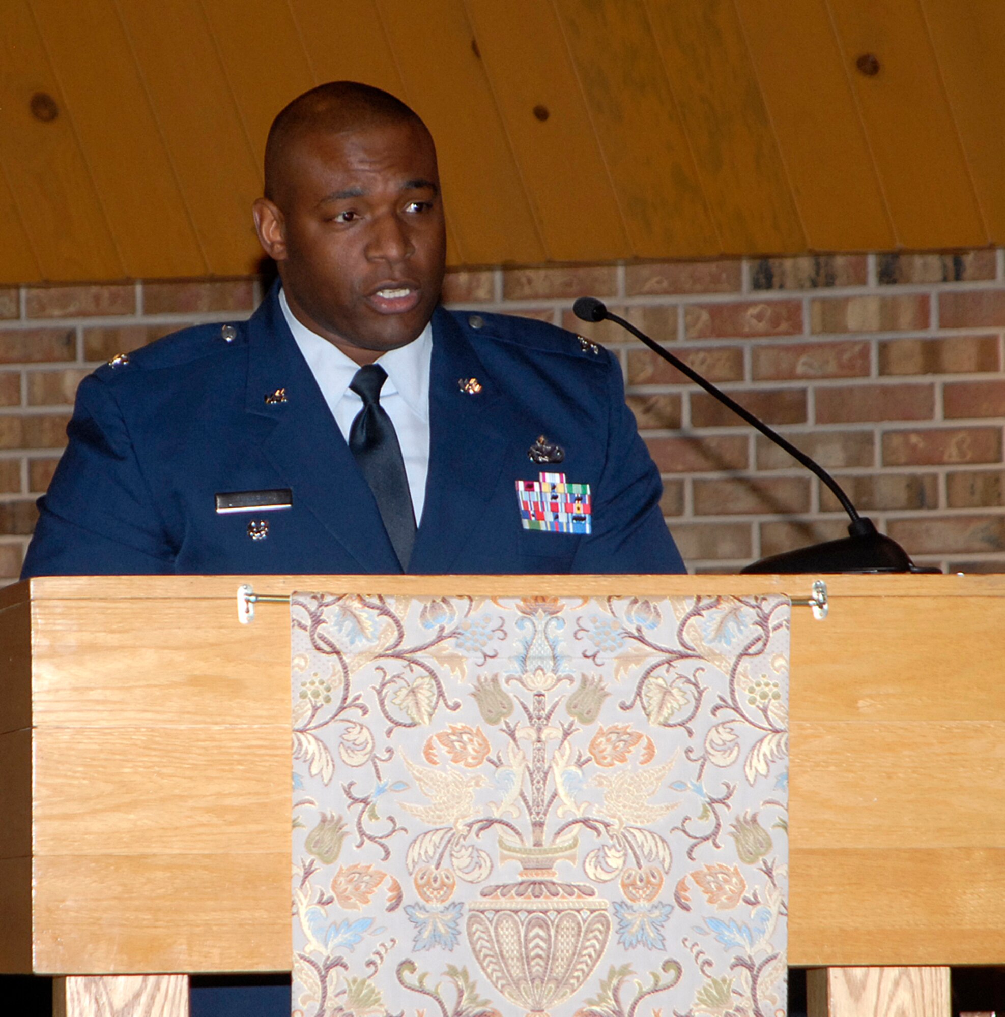 Col. Gerald Curry, Air Force Space Command director of Security Forces, presents the commemorative address at the Martin Luther King, Jr. commemorative service Jan. 14 at the Peterson AFB Chapel. (Air Force photo)