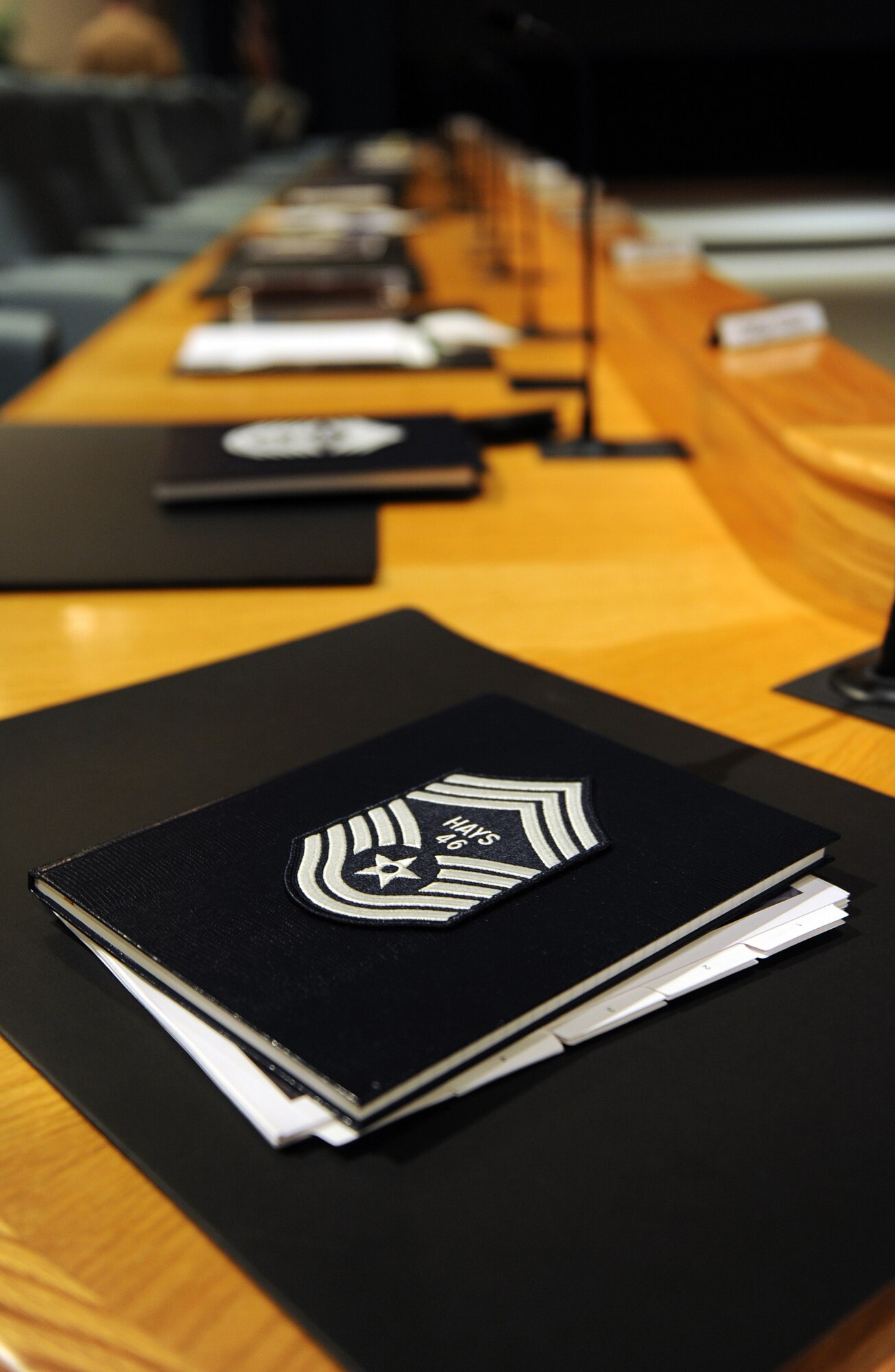 OFFUTT AIR FORCE BASE, Neb. -- Orientation booklets lay along the conference table of the Dougherty Conference Center while the attendees of the 2009 ACC Chief Master Sergeants Orientation break for lunch Jan. 14.  During the five day orientation, ACC's newest chief master sergeants will go through an array of seminars, discussions, and presentations preparing them for the responsiblity that the rank demands.

U.S. Air Force Photo by Josh Plueger