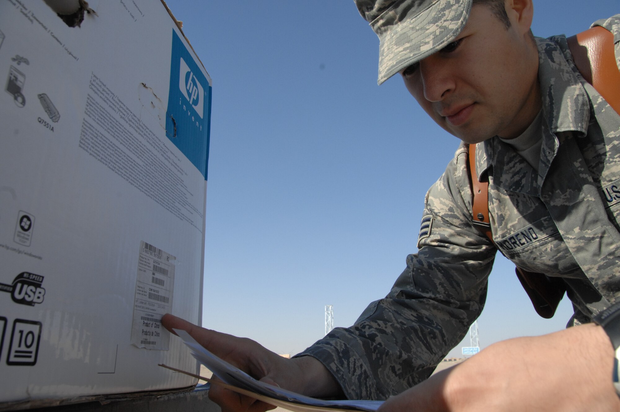 SOUTHWEST ASIA -- Senior Airman David Moreno, 386th Expeditionary Contracting Squadron contracting officer, is deployed from the 21st Contracting Squadron at Peterson Air Force Base, Colo. Airman Moreno is on his first deployment to Southwest Asia. (U.S. Air Force photo/Senior Airman Courtney Richardson)