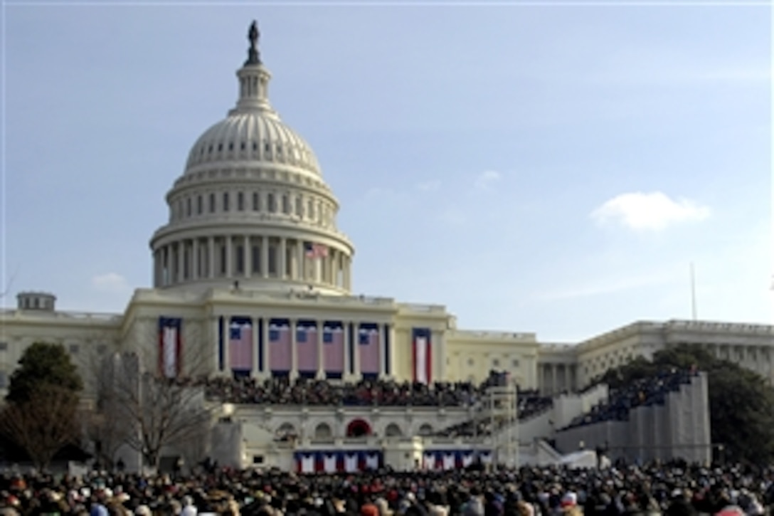 Hundreds of thousands gather on the West Lawn of the U.S. Capitol prior to the start of the 56th Presidential Inauguration in Washington, D.C., Jan. 20, 2009. More than 5,000 men and women in uniform are providing military ceremonial support to the presidential inauguration, expected to be one of the best-attended in history.