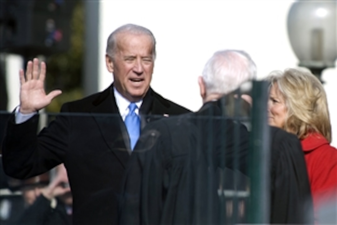 Vice President Joe Biden takes the oath of office during the 56th Presidential Inauguration Ceremony, Washington, D.C., Jan. 20, 2009.