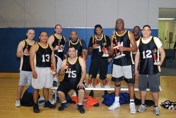 RUNNERS-UP: 2008 Basketball Championship runners-up, 452 SFS Team #1, show off their winnings after rising to take the second spot against Navy, Jan. 7. (U.S. Air Force photo)