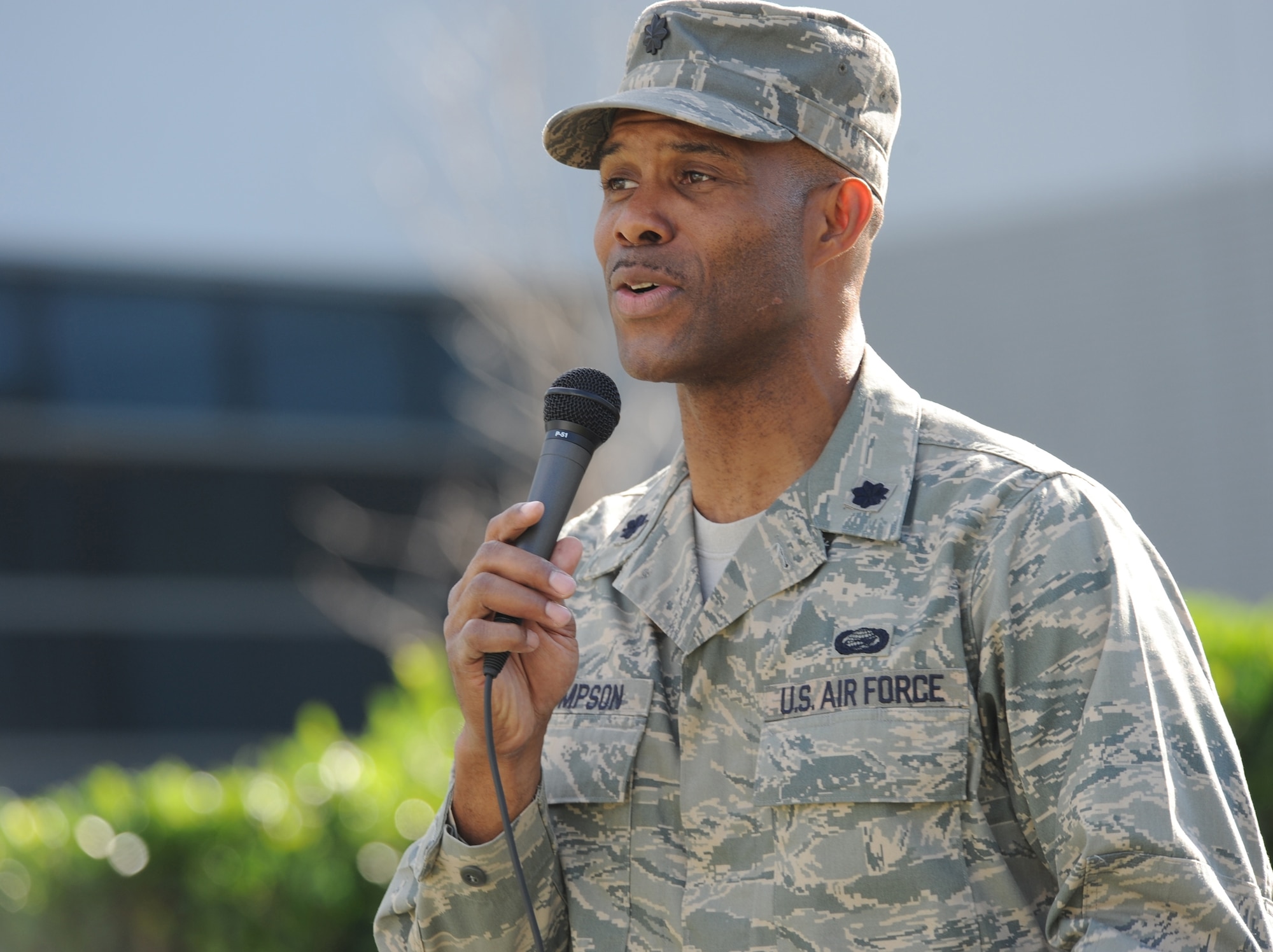Lt. Col. Ivan Thompson performs an original song, Jan 20.  His performance was one of many activities held Jan. 20 and 21 at Los Angeles Air Force Base to honor Dr. Martin Luther King Jr. (Photo by Atiba S. Copeland)