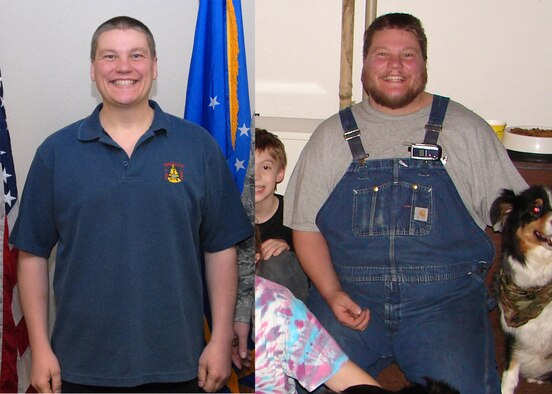 Derrick Bell, a 38-year-old, husband and father of two, shed more than 115 pounds to meet the Air Force Reserve physical standards of enlistment.  Bell enlisted in the Air Force Reserve Jan. 15.  A lifelong resident of Anchorage, Alaska, Bells works for the Anchorage School District as a Senior Warehouse Specialist.  Bell will be a Crew Chief on the F-22A Raptor assigned to the 477th Aircraft Maintenance Squadron.  (Photo Illustration by Staff Sgt. Rhiannon Willard) 