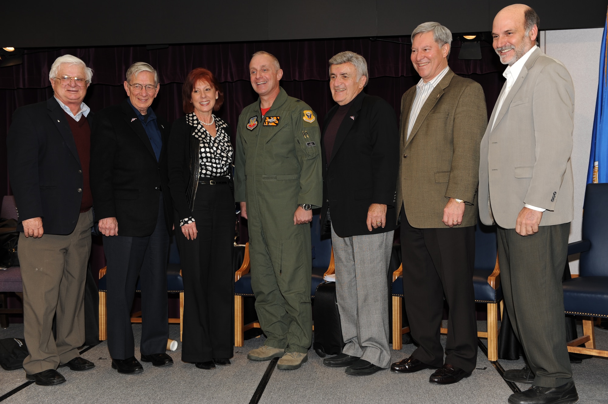 - John Cashen the designer of the low observable radar feature of the B-2 aircraft, Irv Waaland the B-2 airframe designer, Doctor Janet Fender the Air Combat Command chief scientist, Brig. Gen. Garret Harencak 509th Bomb Wing commander, Jim Kinnu the program manager, John Griffin the government chief engineer, and Dave Mazur Northrop Grumman's MP-RTIP program manager, pose for a group photo after the “Fathers of Stealth” presentation Jan 16. The “Fathers of Stealth” commemorate the Twentieth Anniversary of the B-2 Stealth Bomber.  Mr. Cashen, Mr. Waaland, Mr. Kinnu, and Mr. Griffin, the four “Fathers of Stealth” gave a briefing on the events that lead up to the production of the B-2. The information they provided included the beginning concept of a flying wing to the troubles and hurdles during the designing of the B-2 Stealth.  The presentation revealed the blood and sweat that went into this aircraft. (U.S. Air Force Photo/ Airman 1st Class Carlin Leslie)