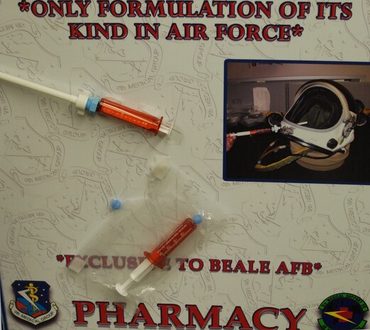 Gel-Dex is a gel-type medicine created by the pharmacy for the U-2 pilots when wearing the high-altitude space suits. The medicine begins as a pill, then transformed into a gel which when taken, can increase alertness during flight. (Photo by Airman 1st Class Chuck Broadway)